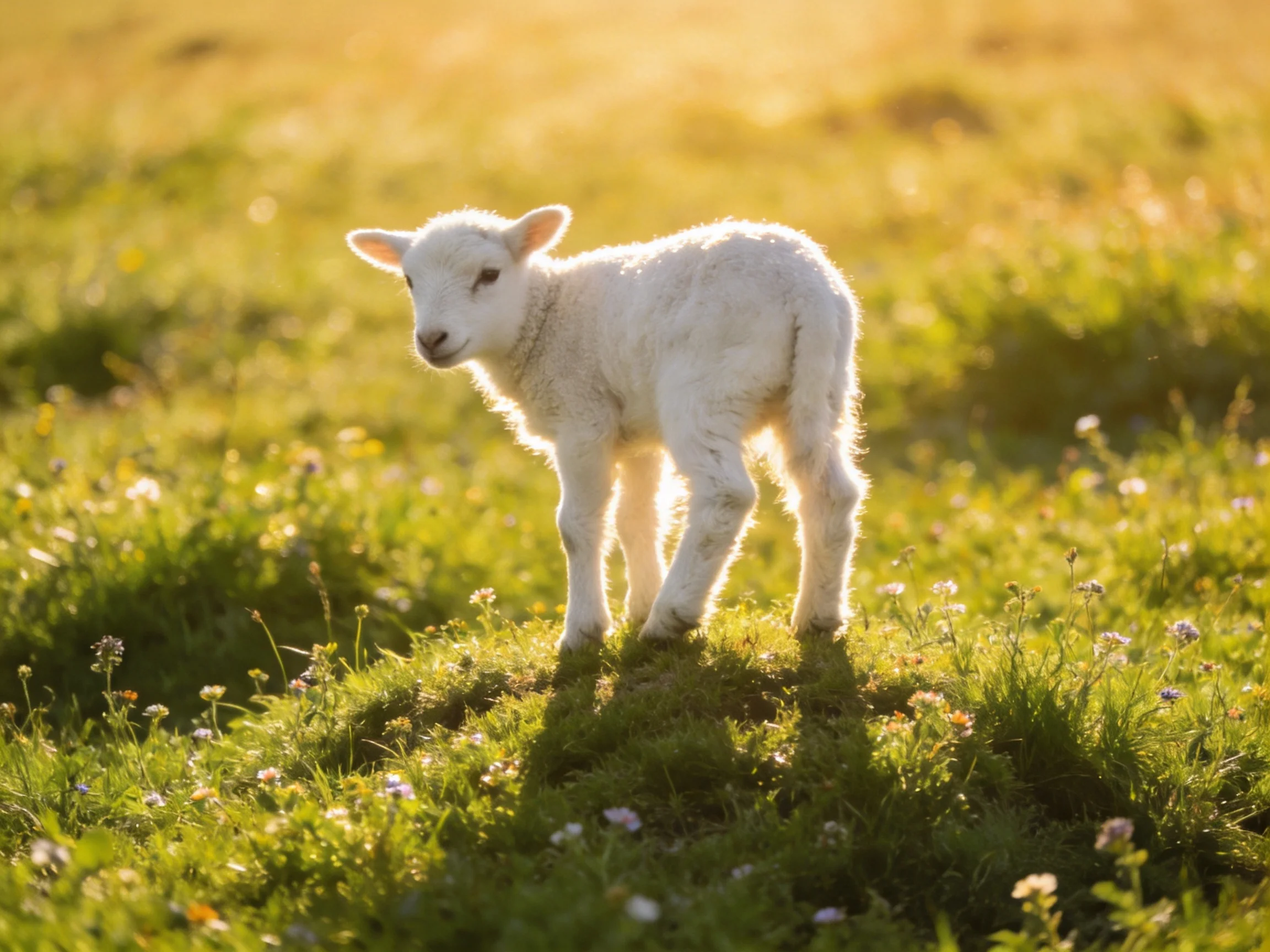 A fluffy white lamb stands in a sunlit green meadow