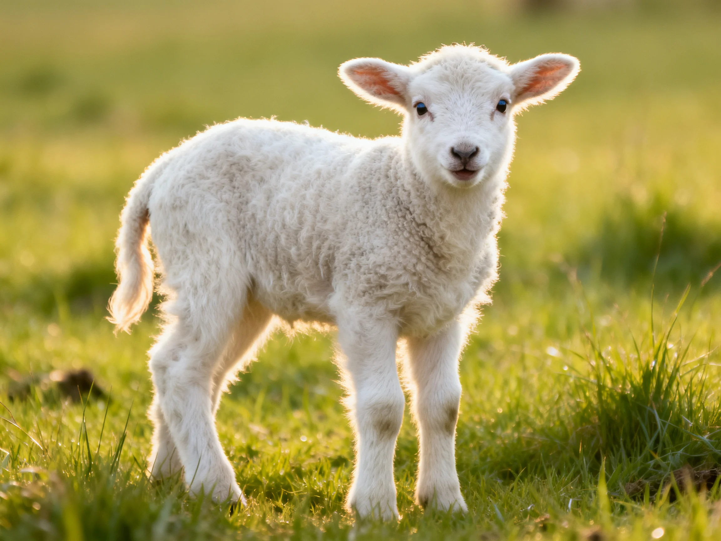 A fluffy white lamb stands in a sunlit green meadow