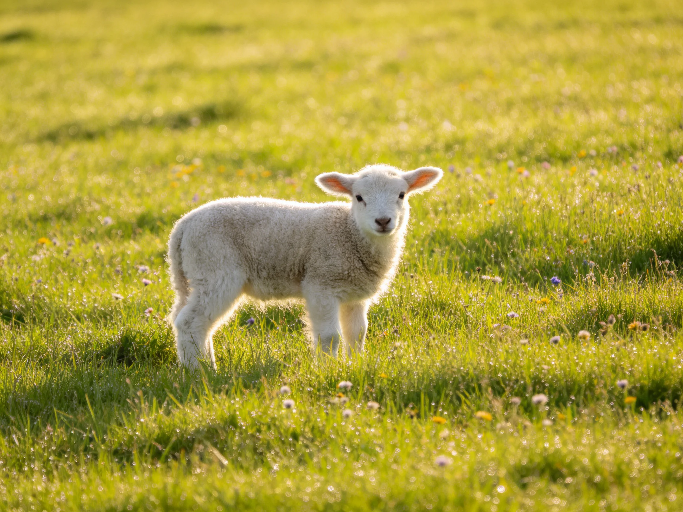 A fluffy white lamb stands in a sunlit green meadow