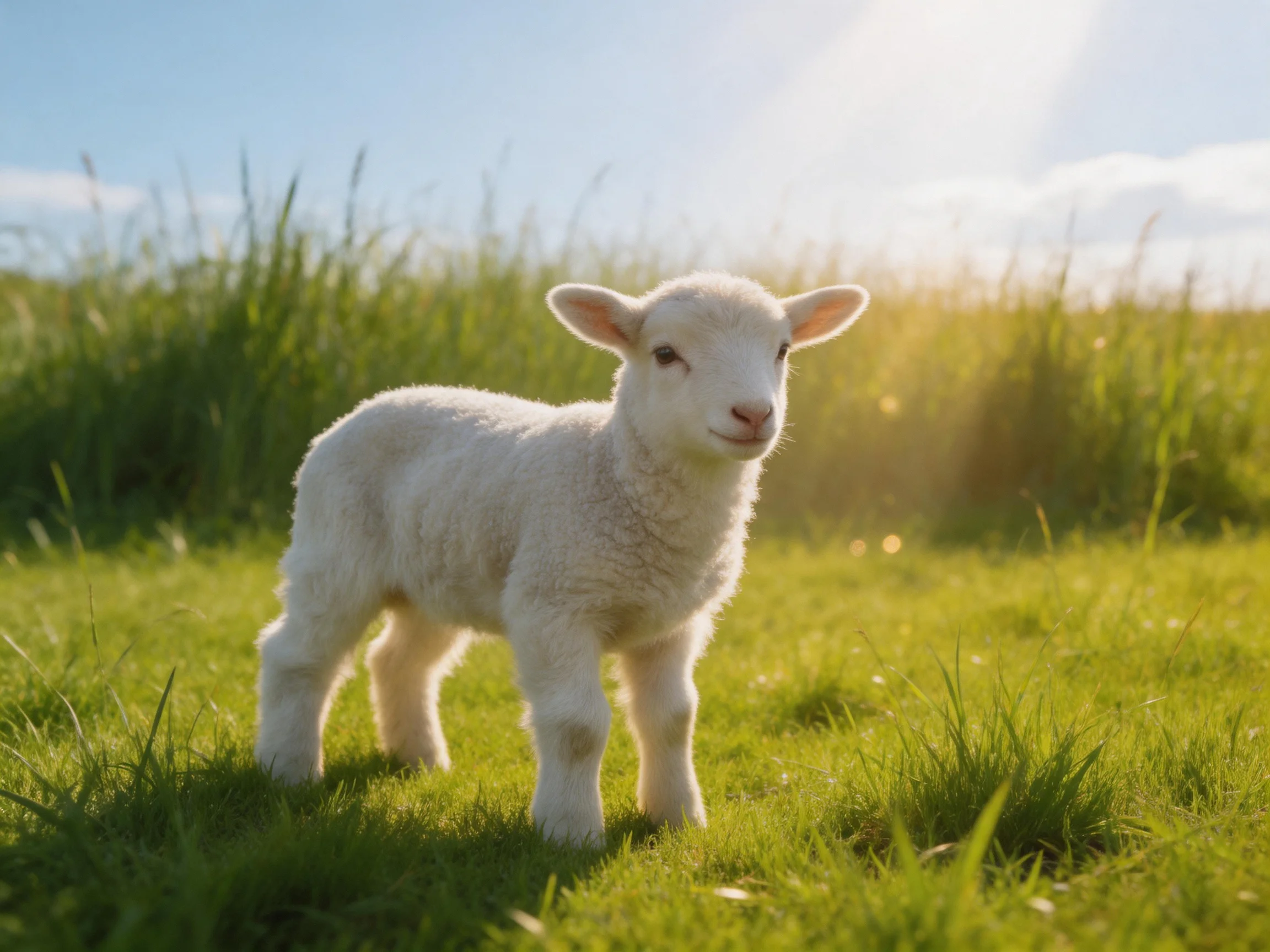 A fluffy white lamb stands in a sunlit green meadow