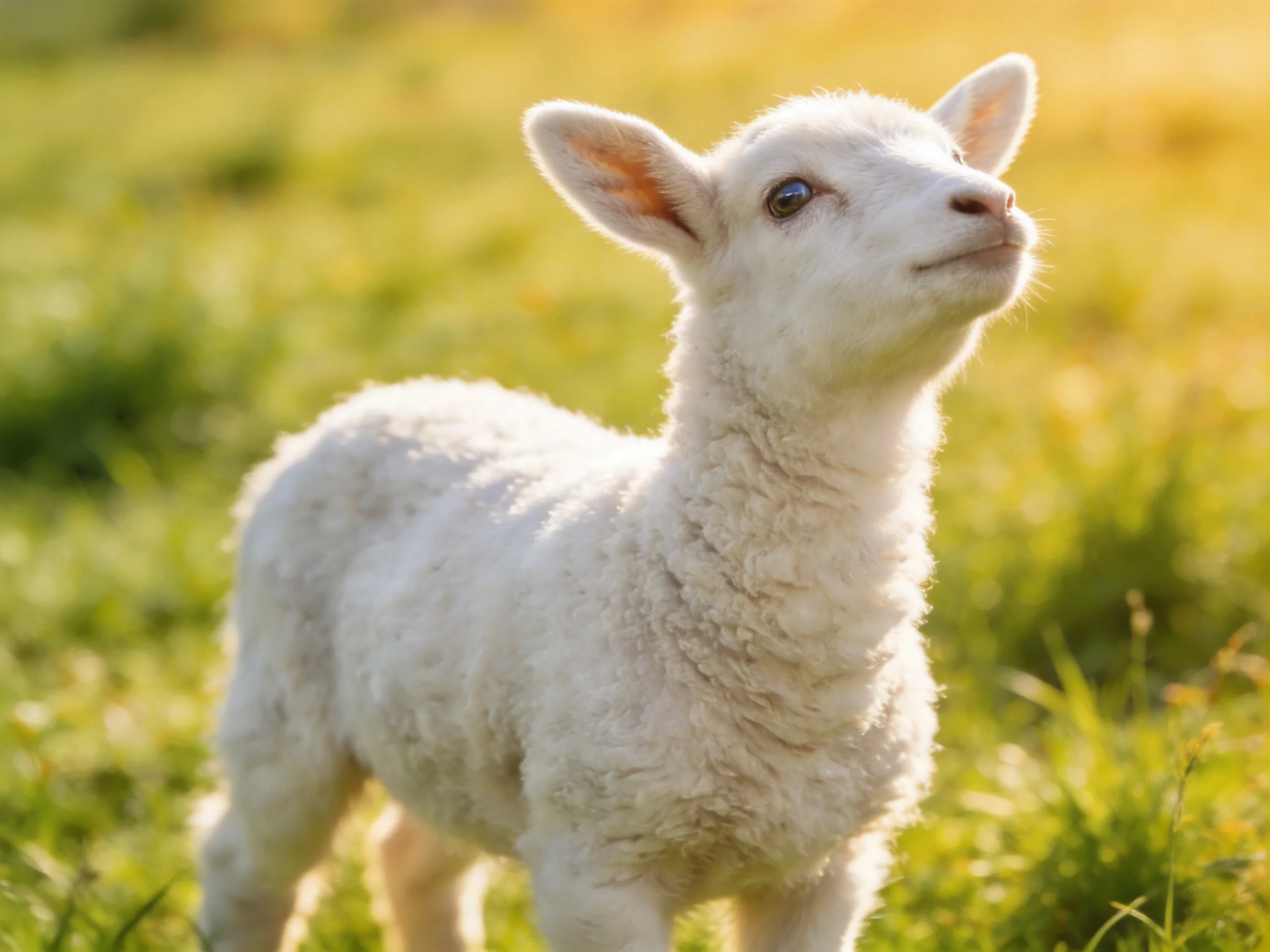 A fluffy white lamb stands in a sunlit green meadow