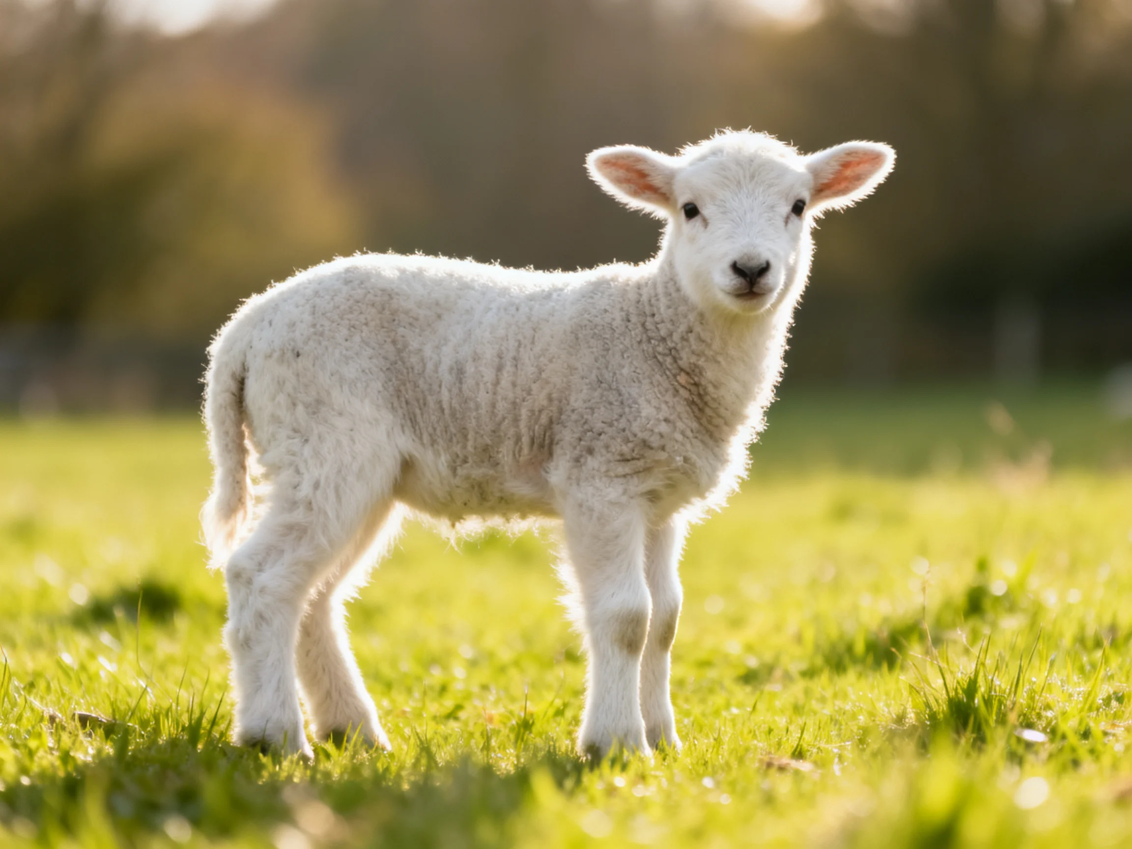 A fluffy white lamb stands in a sunlit green meadow