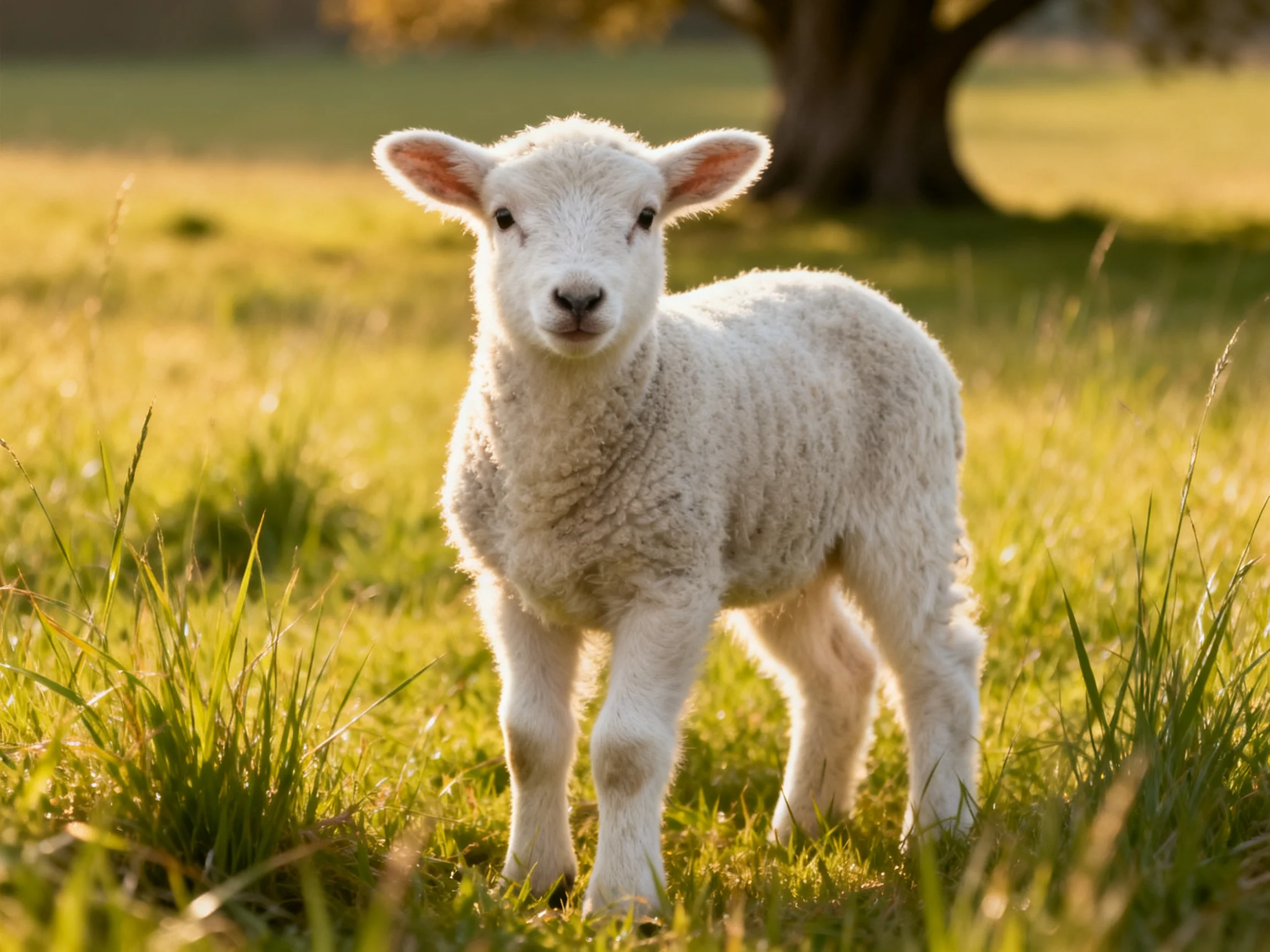 A fluffy white lamb stands in a sunlit green meadow