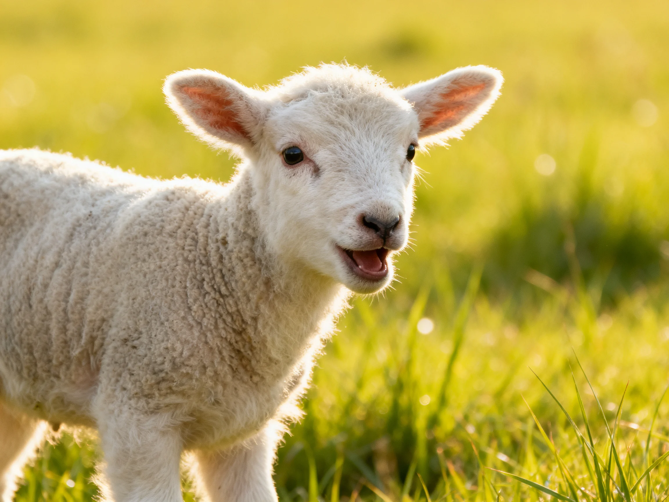 A fluffy white lamb stands in a sunlit green meadow