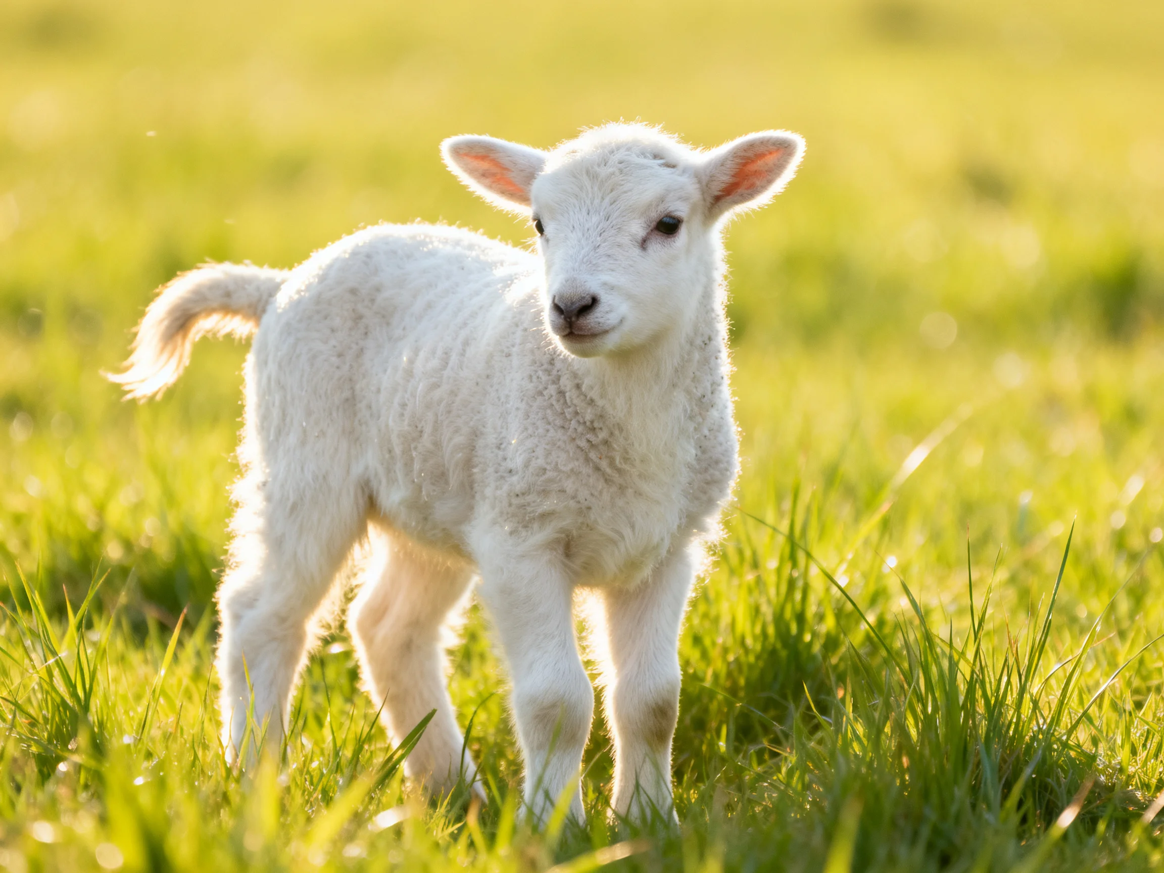 A fluffy white lamb stands in a sunlit green meadow