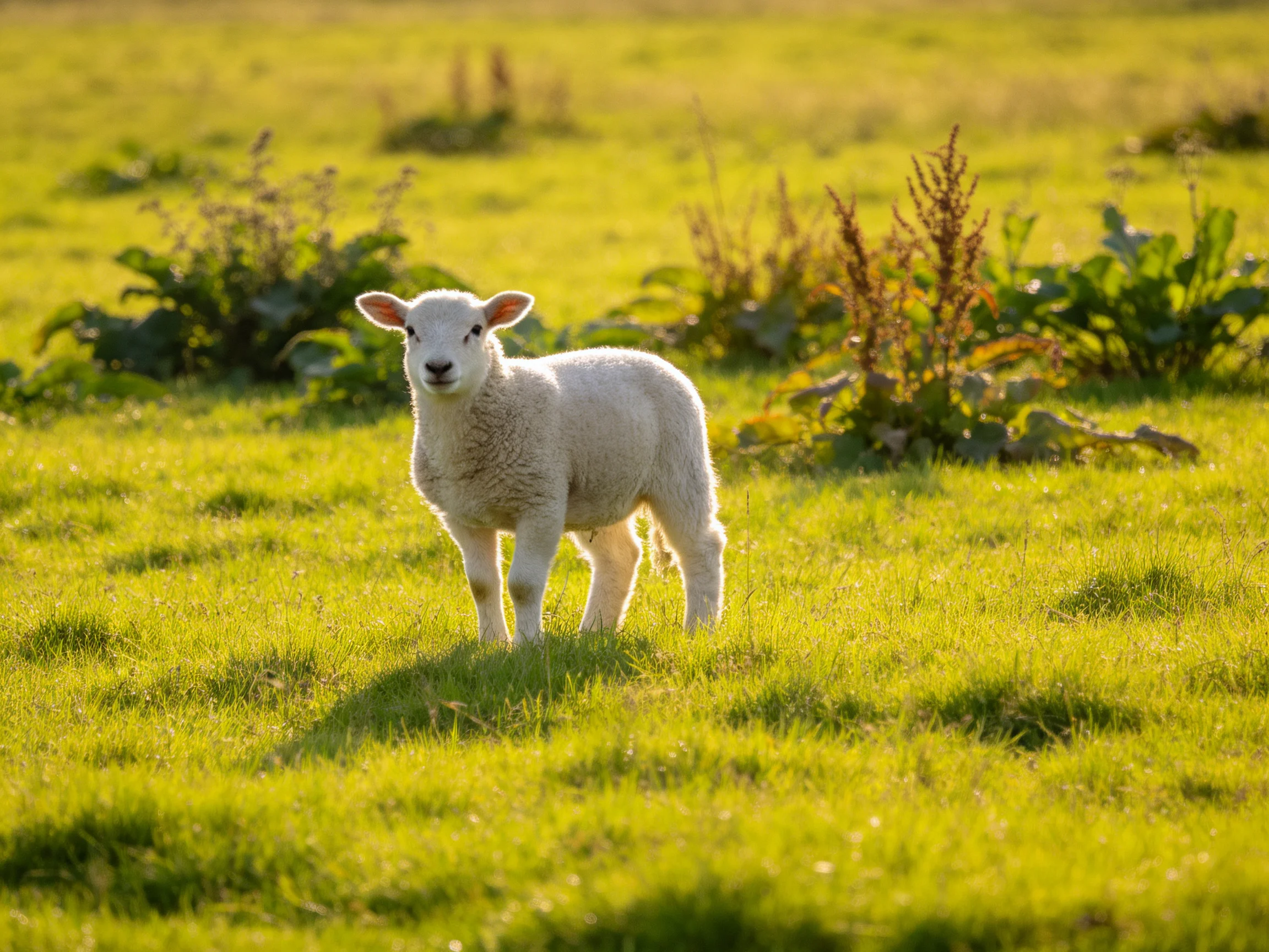 A fluffy white lamb stands in a sunlit green meadow