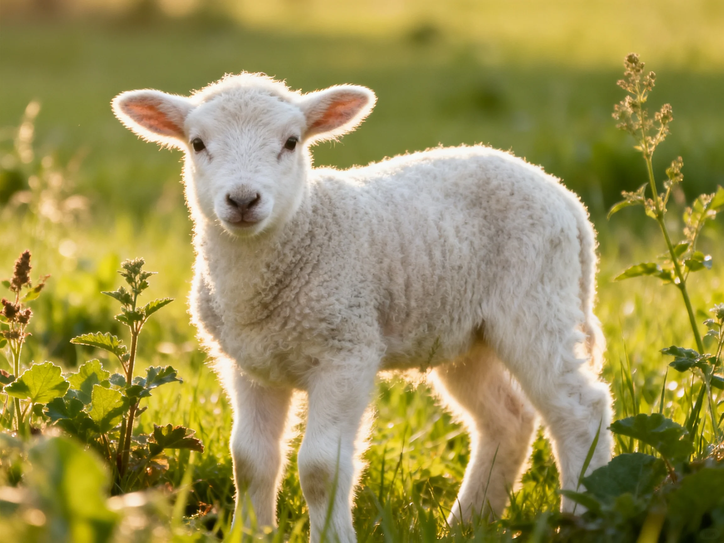 A fluffy white lamb stands in a sunlit green meadow