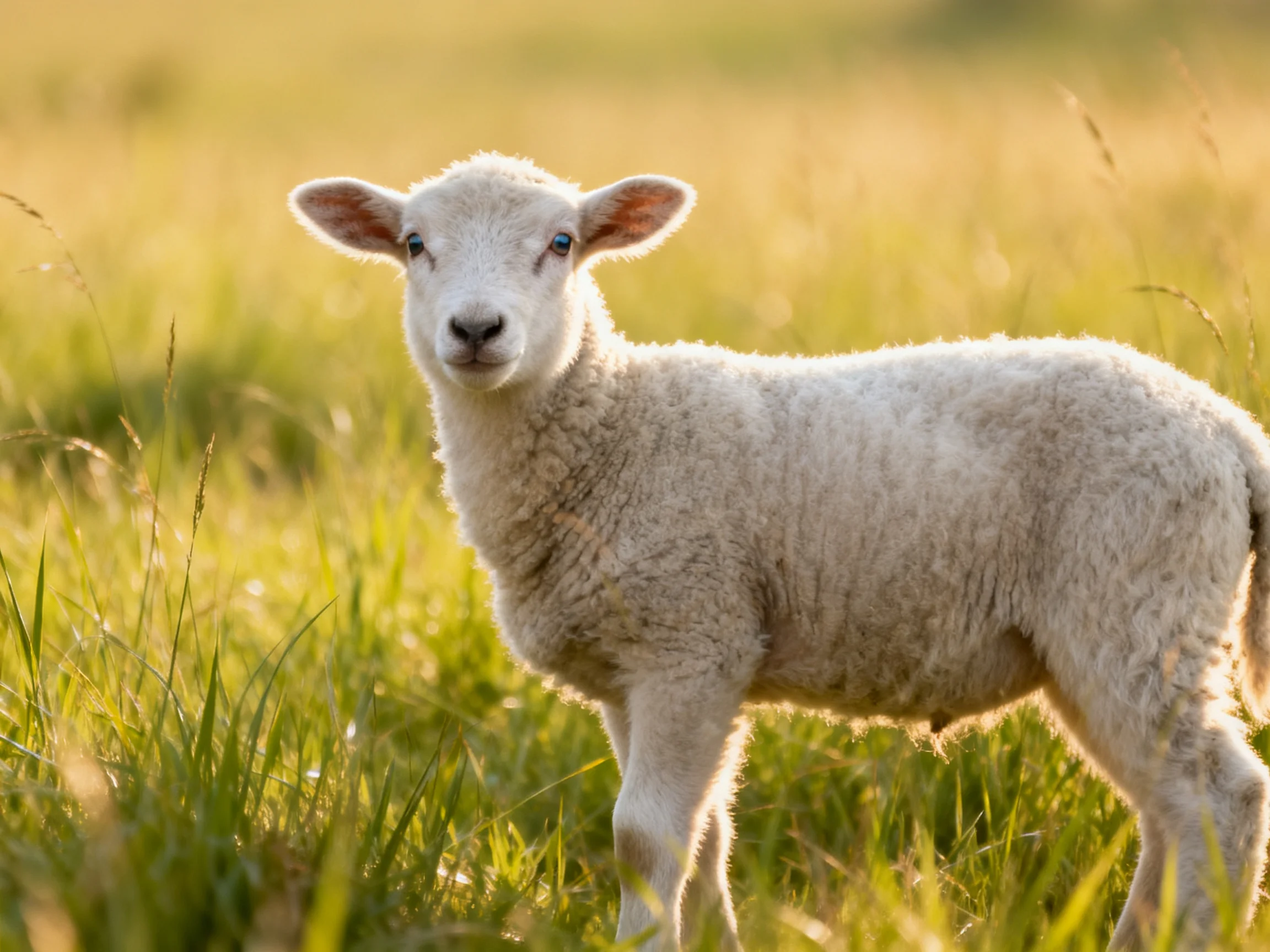 A fluffy white lamb stands in a sunlit green meadow