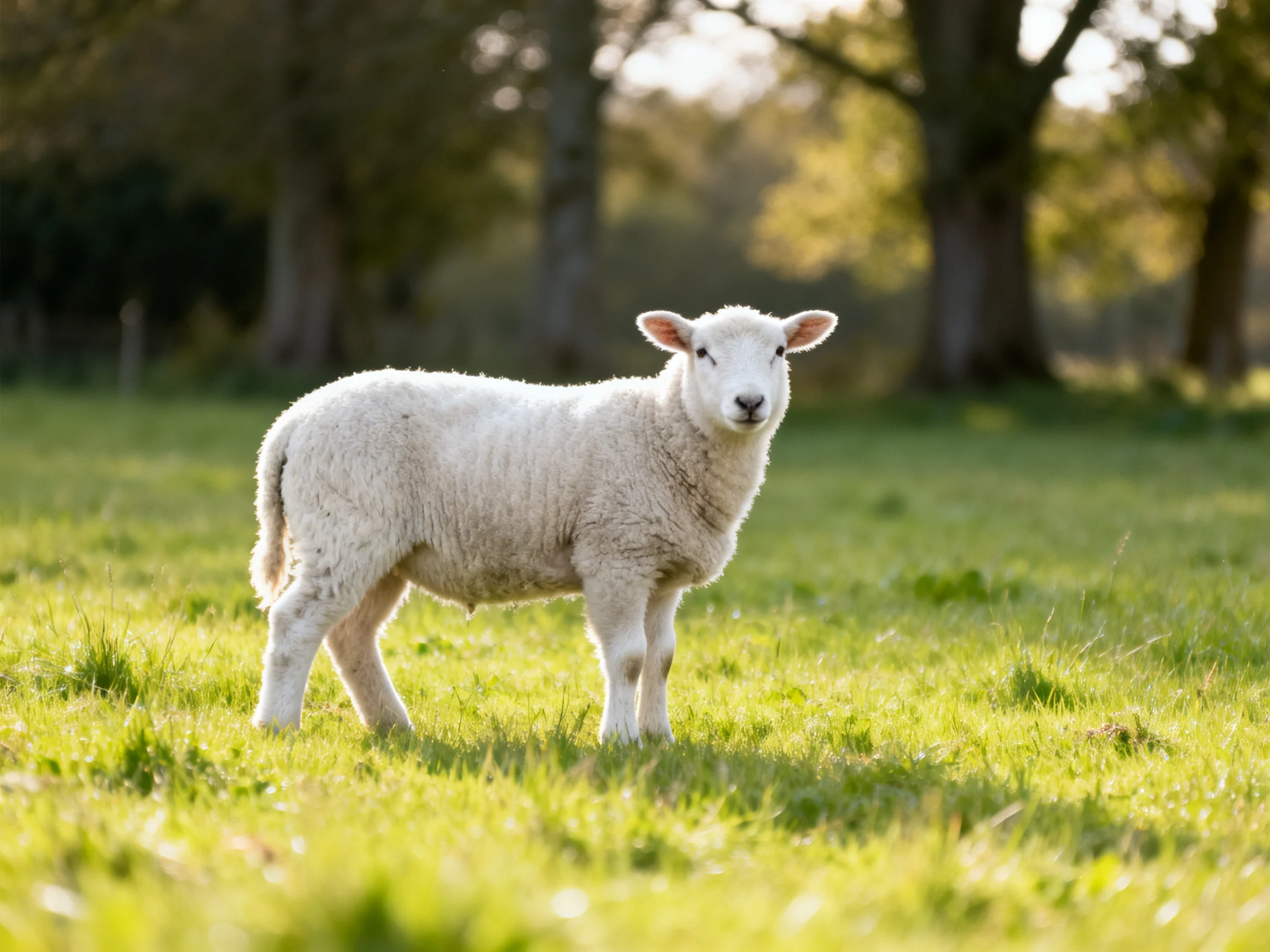 A fluffy white lamb stands in a sunlit green meadow near tall trees