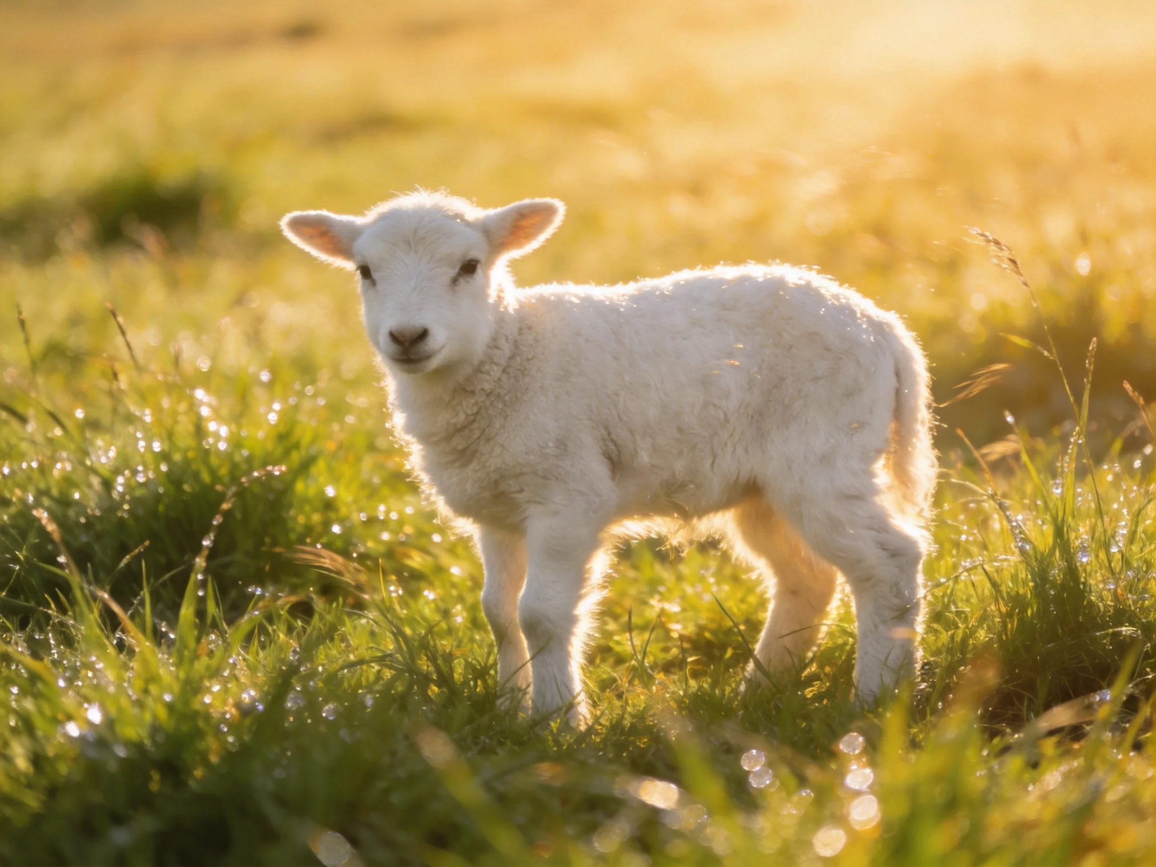 A fluffy white lamb stands in a sunlit green meadow
