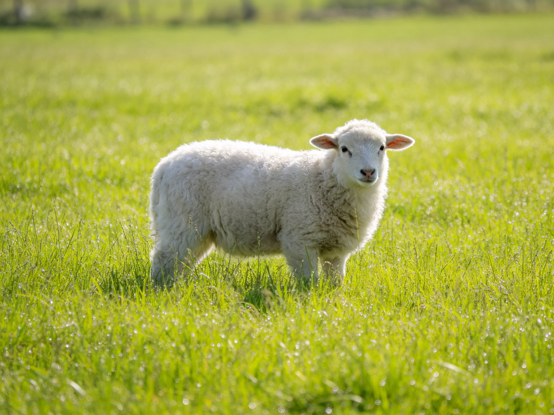A fluffy white lamb stands in a sunlit green meadow