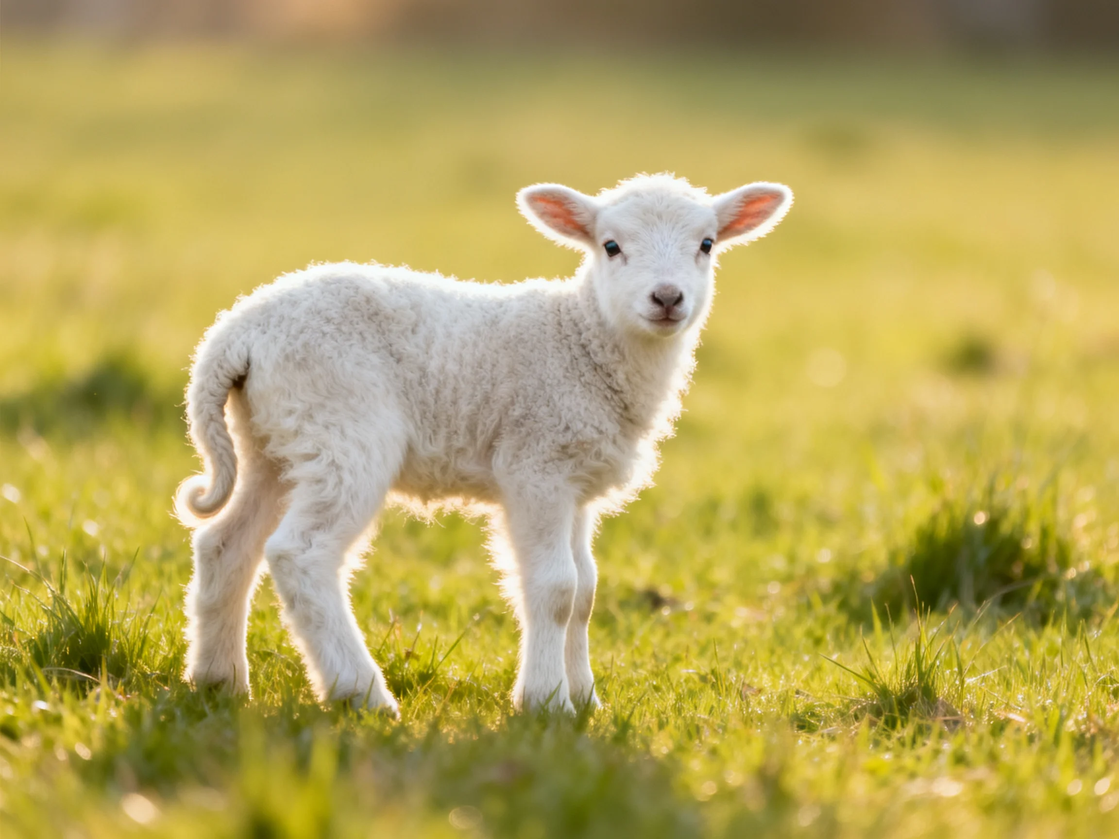 A fluffy white lamb stands in a sunlit green meadow