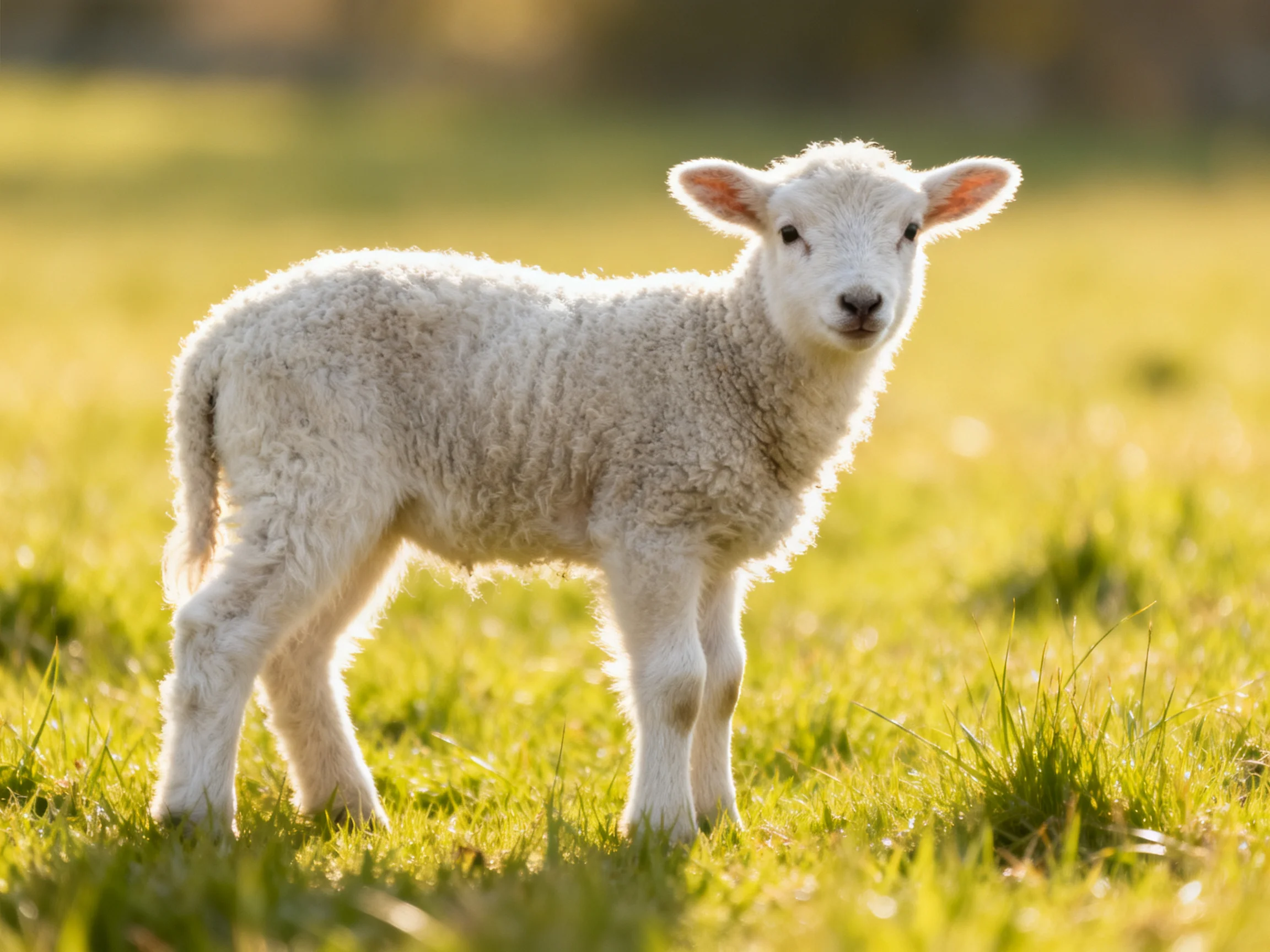 A fluffy white lamb stands in a sunlit green meadow