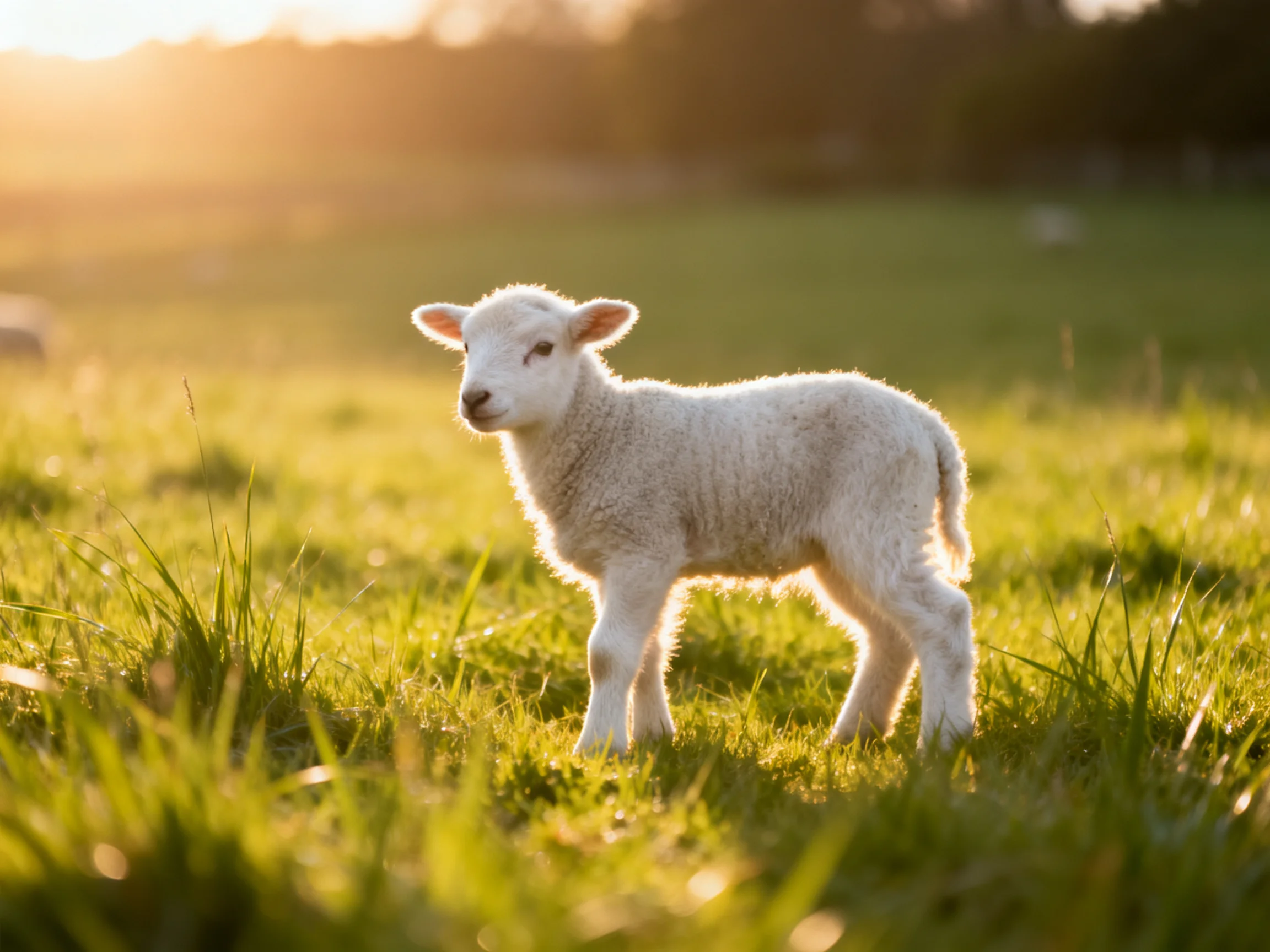 A fluffy white lamb stands in a sunlit green meadow
