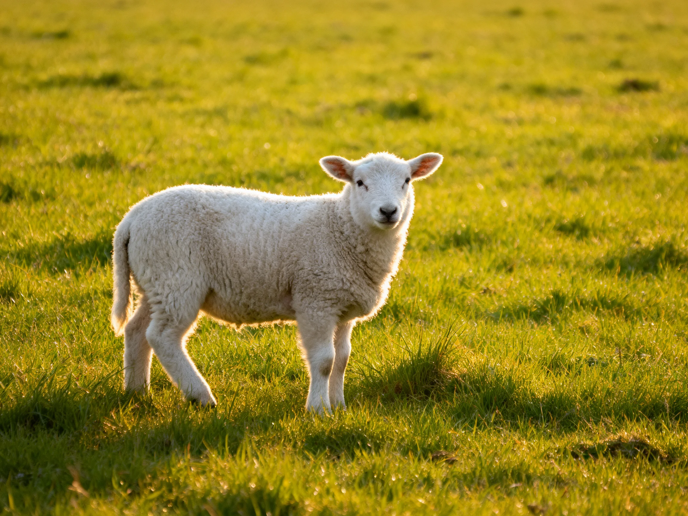 A fluffy white lamb stands in a sunlit green meadow
