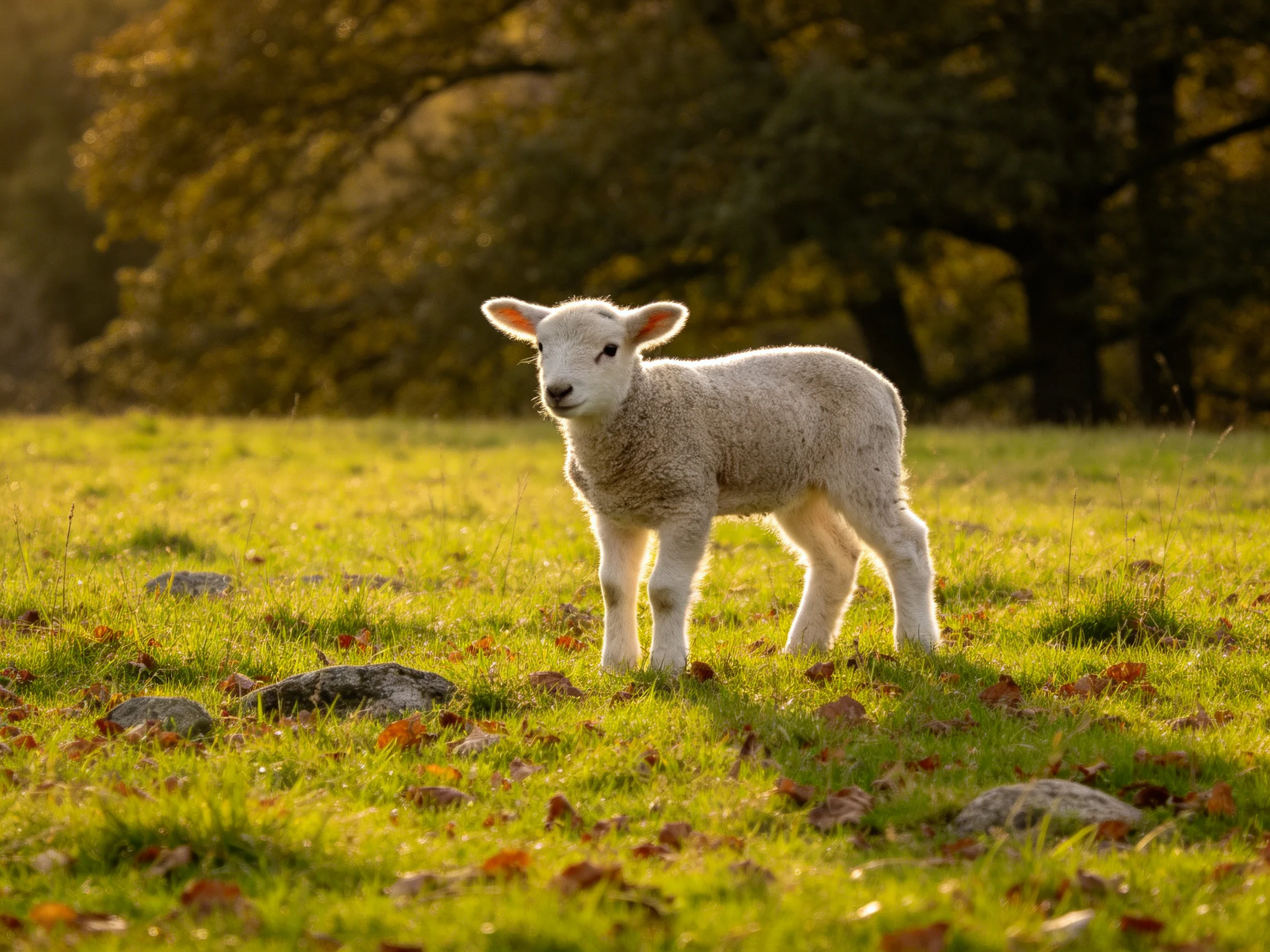 A fluffy white lamb stands in a sunlit green meadow