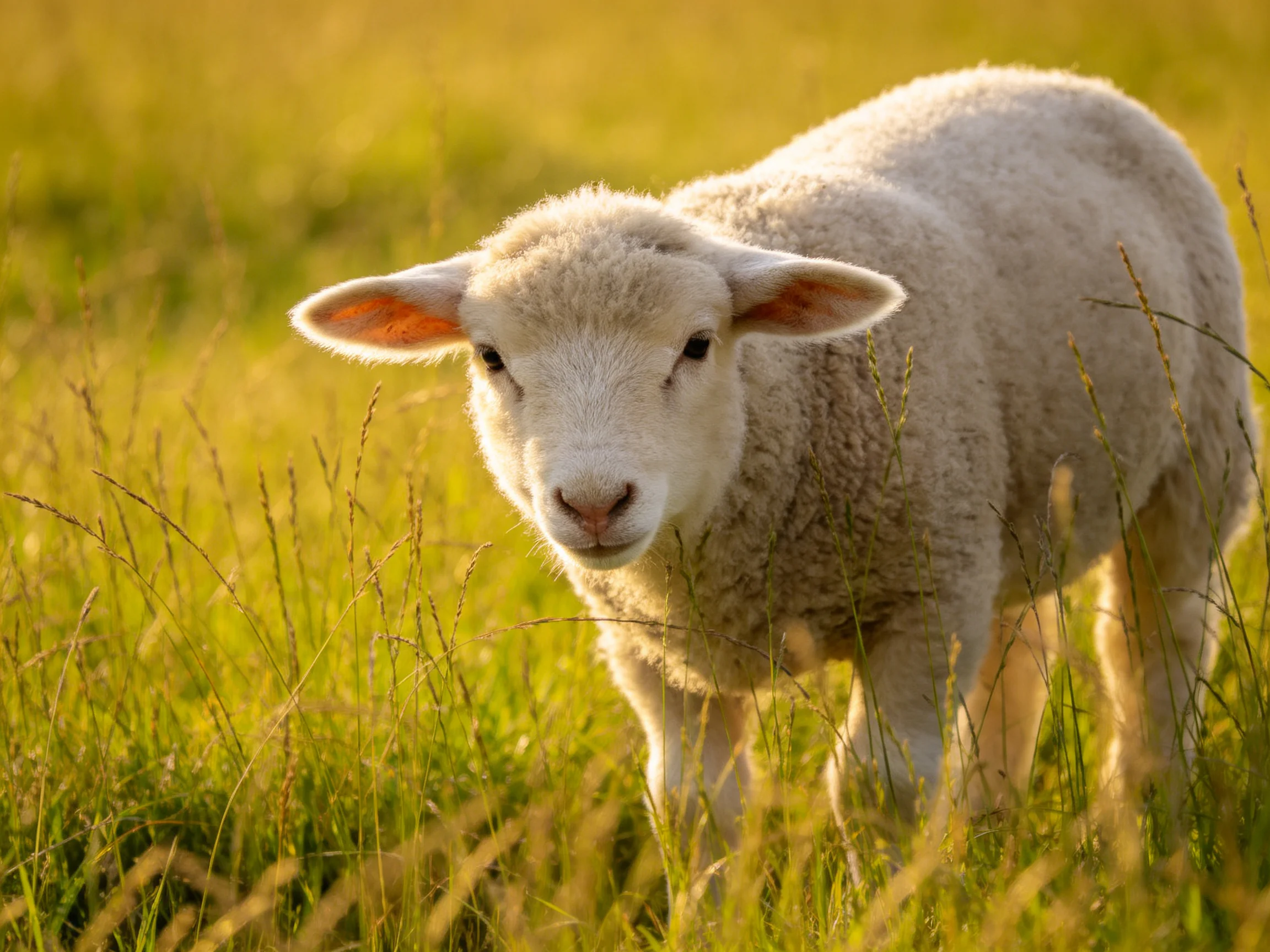 A fluffy white lamb stands in a sunlit green meadow