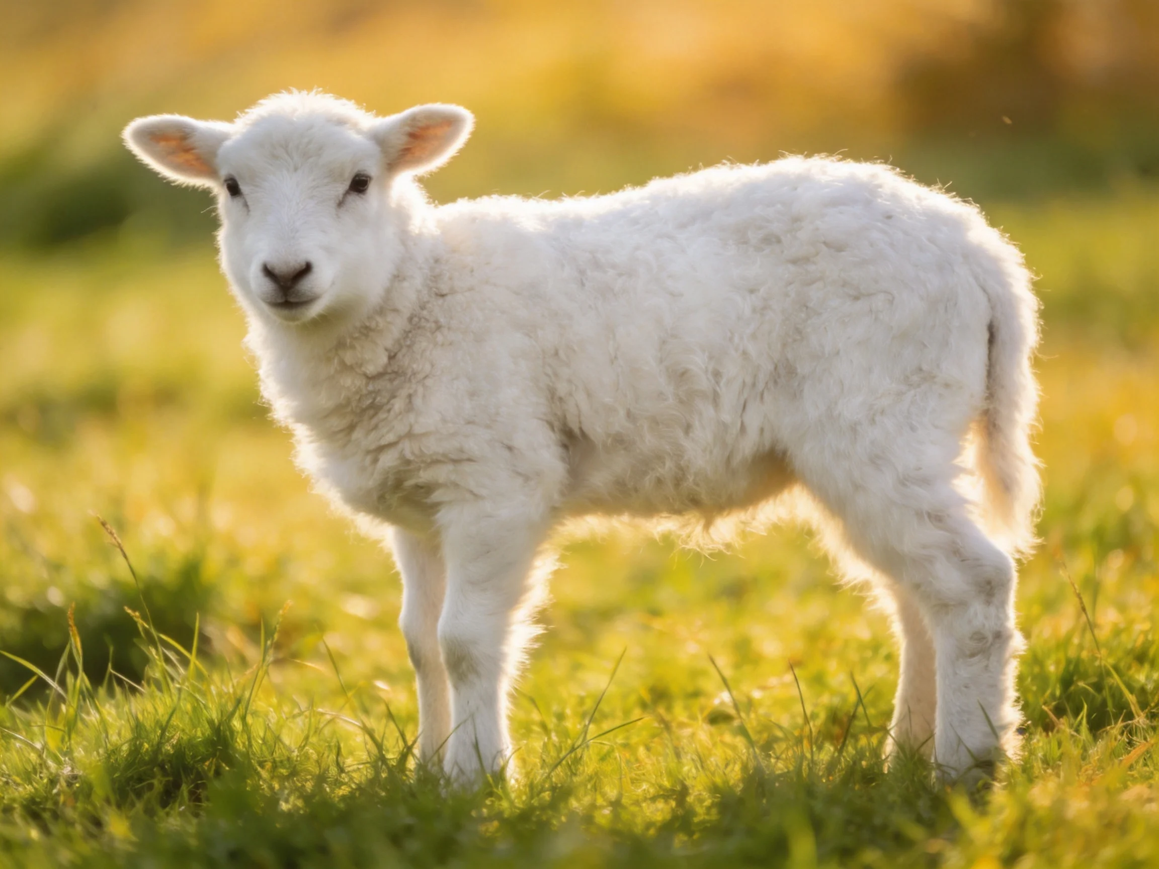 A fluffy white lamb stands in a sunlit green meadow