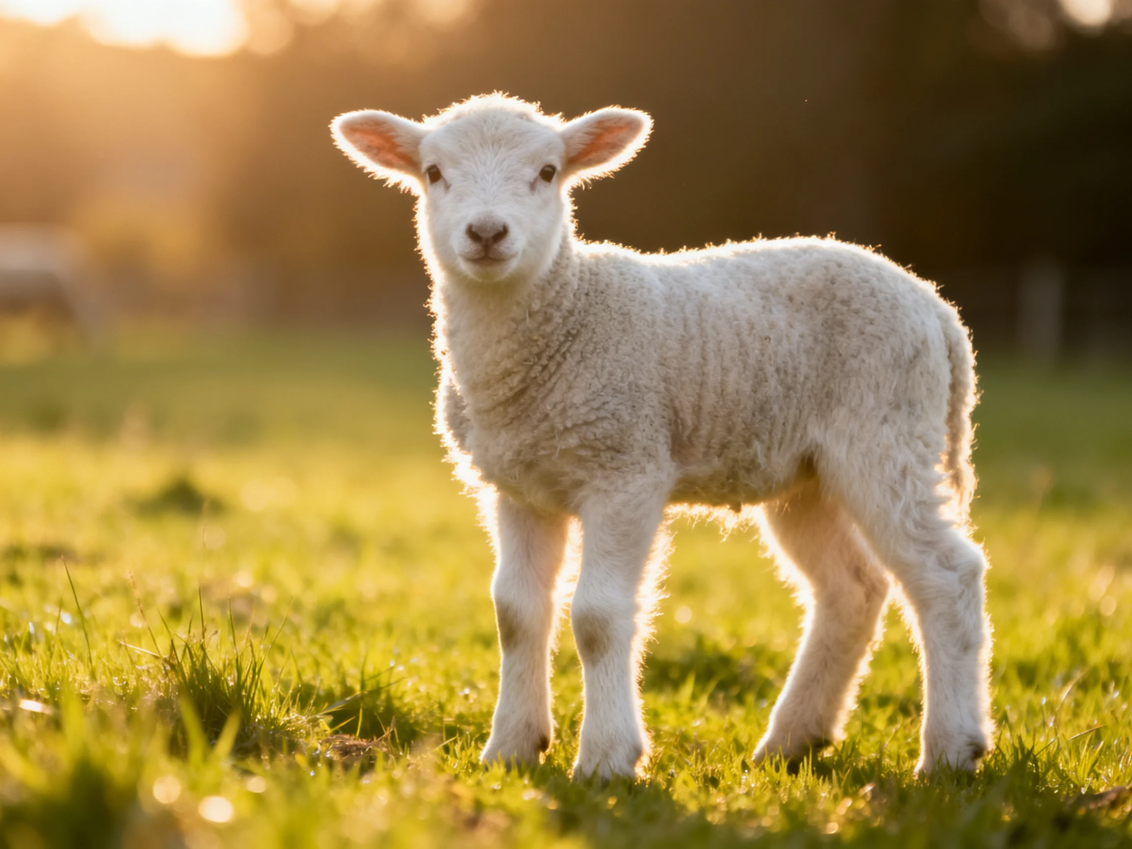 A fluffy white lamb stands in a sunlit green meadow