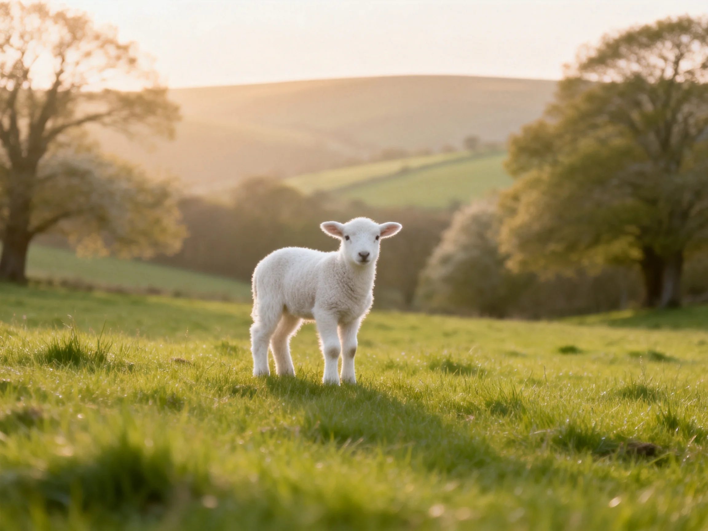 A fluffy white lamb stands in a sunlit green meadow with trees