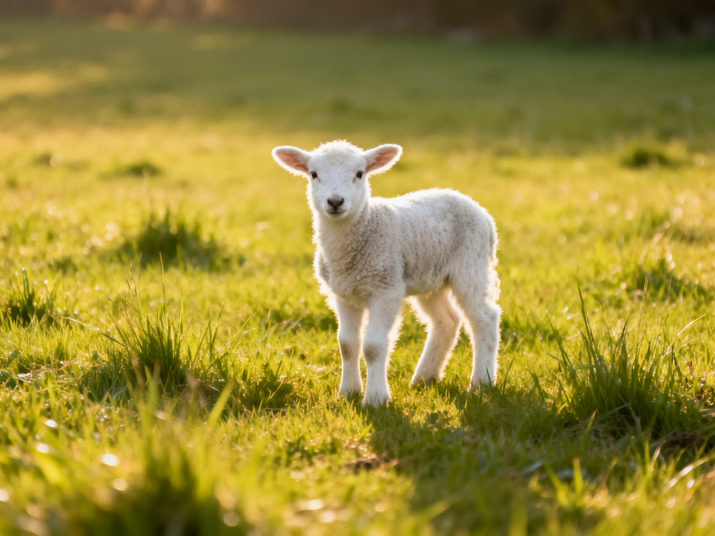 A fluffy white lamb stands in a sunlit green meadow