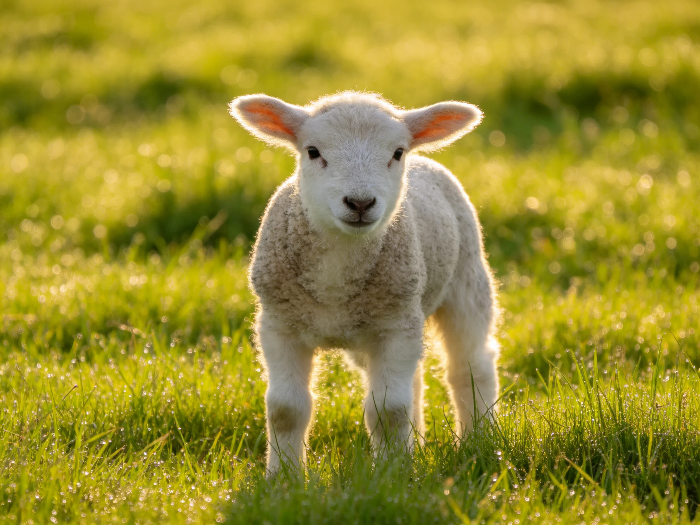 A fluffy white lamb stands in a sunlit green meadow