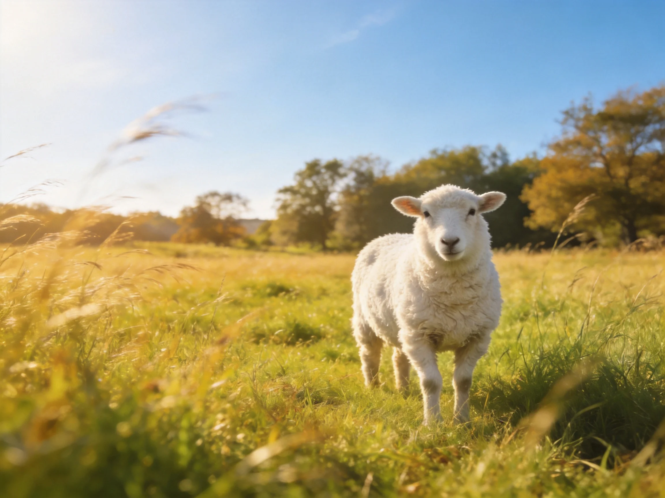 A fluffy white lamb stands in a sunlit green meadow