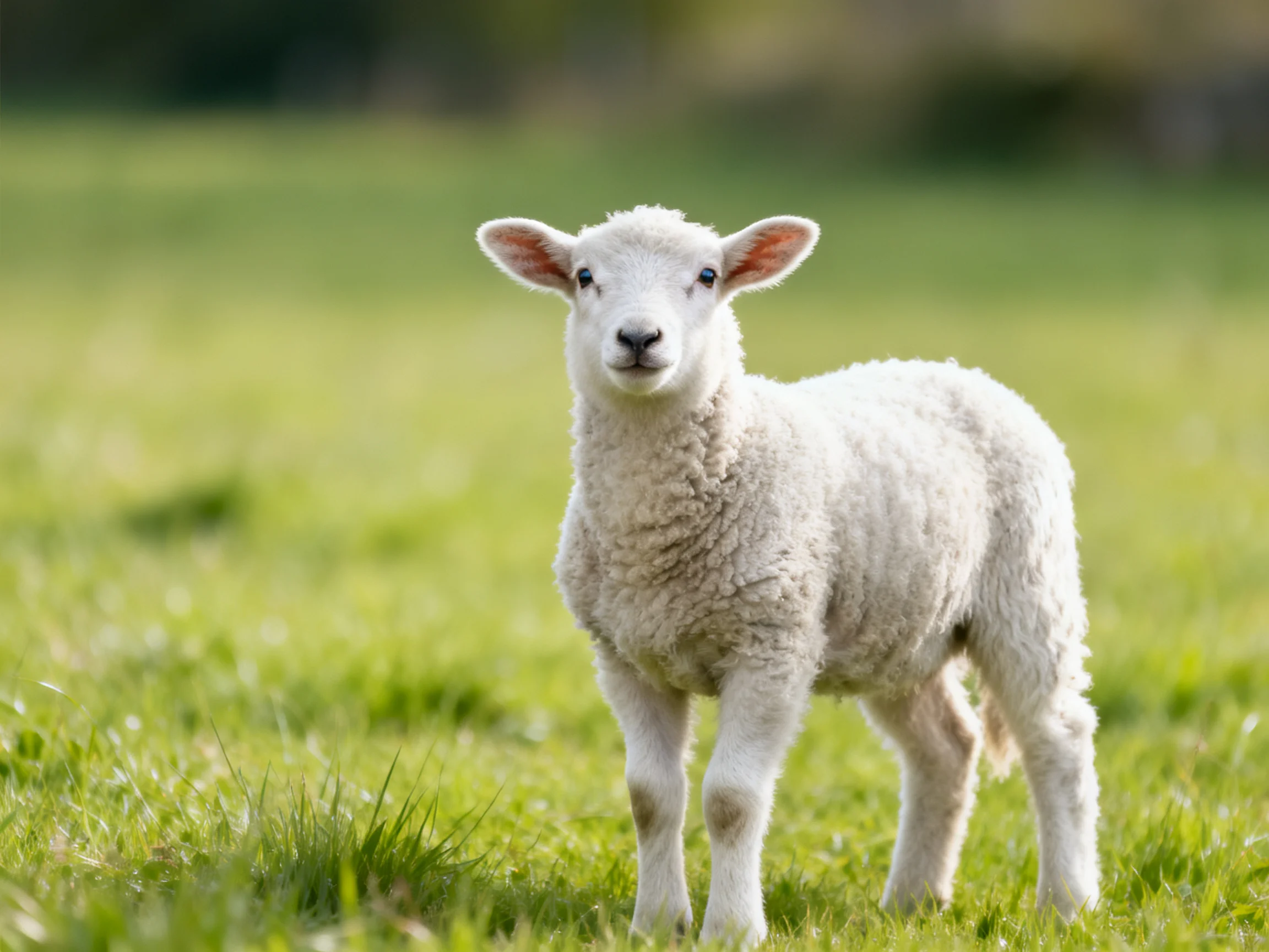 A fluffy white lamb stands in a sunlit green pasture