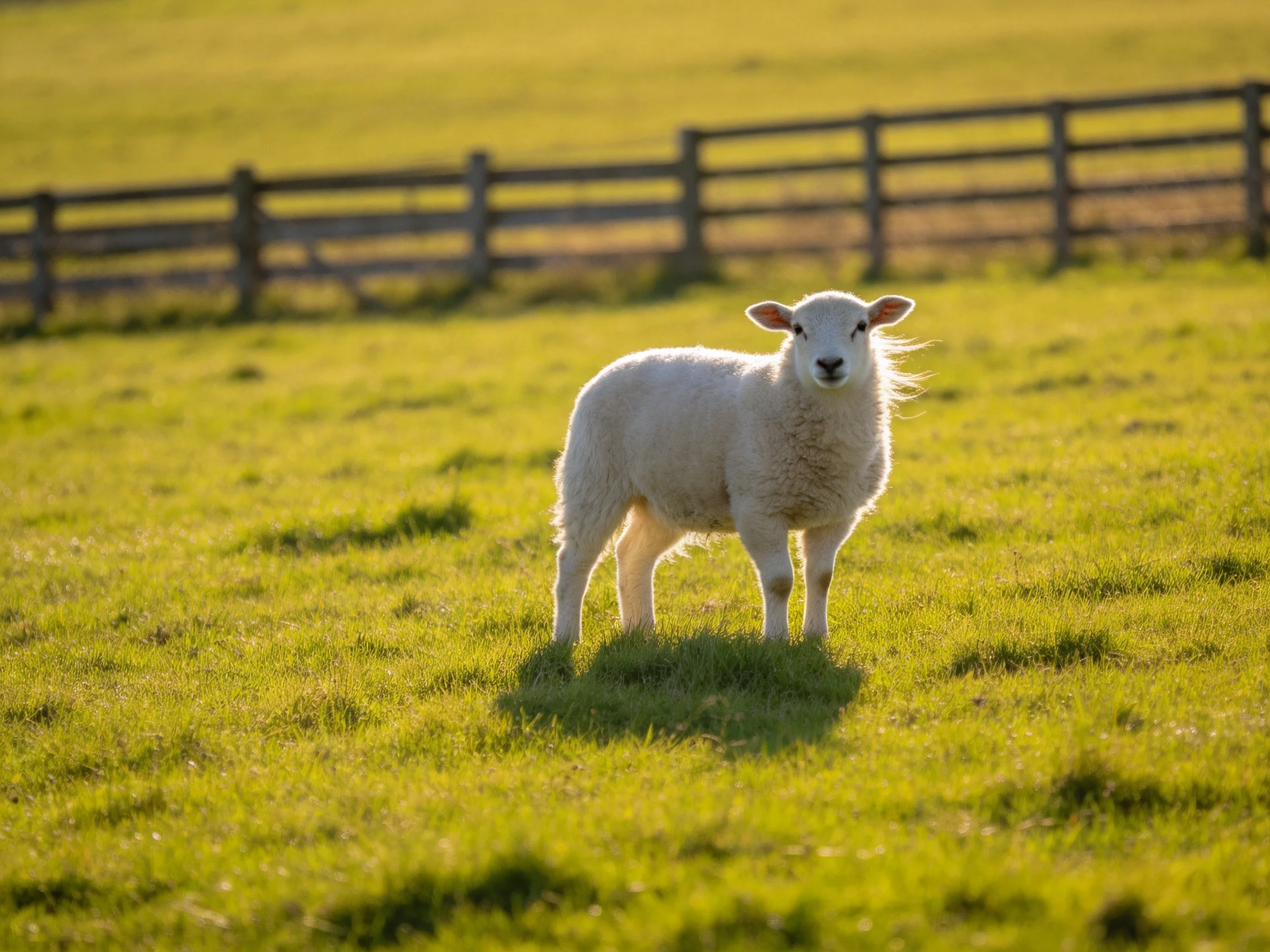 A fluffy white lamb stands in a sunlit green pasture near a wooden fence