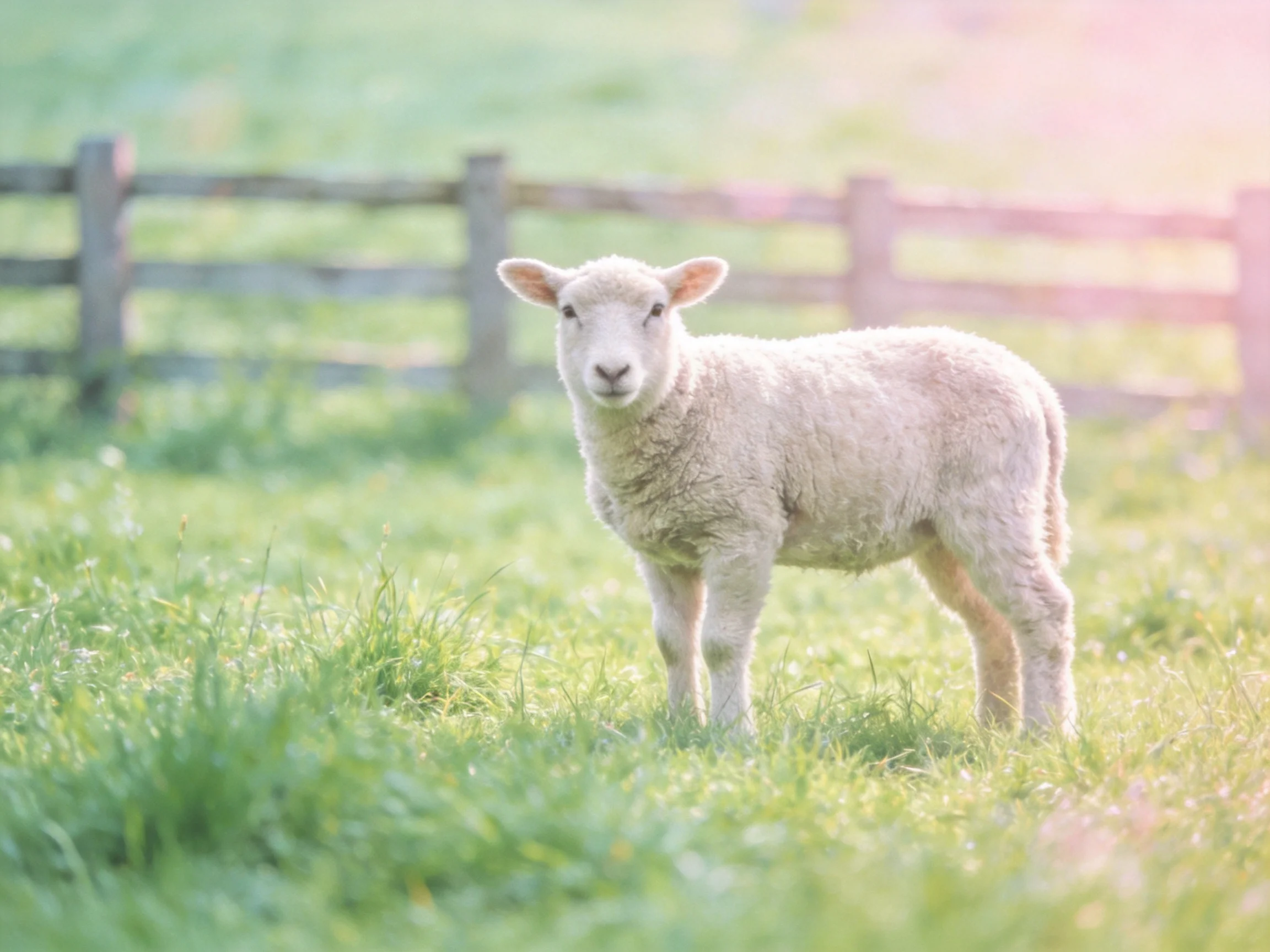 A fluffy white lamb stands in a sunlit green pasture near a wooden fence.