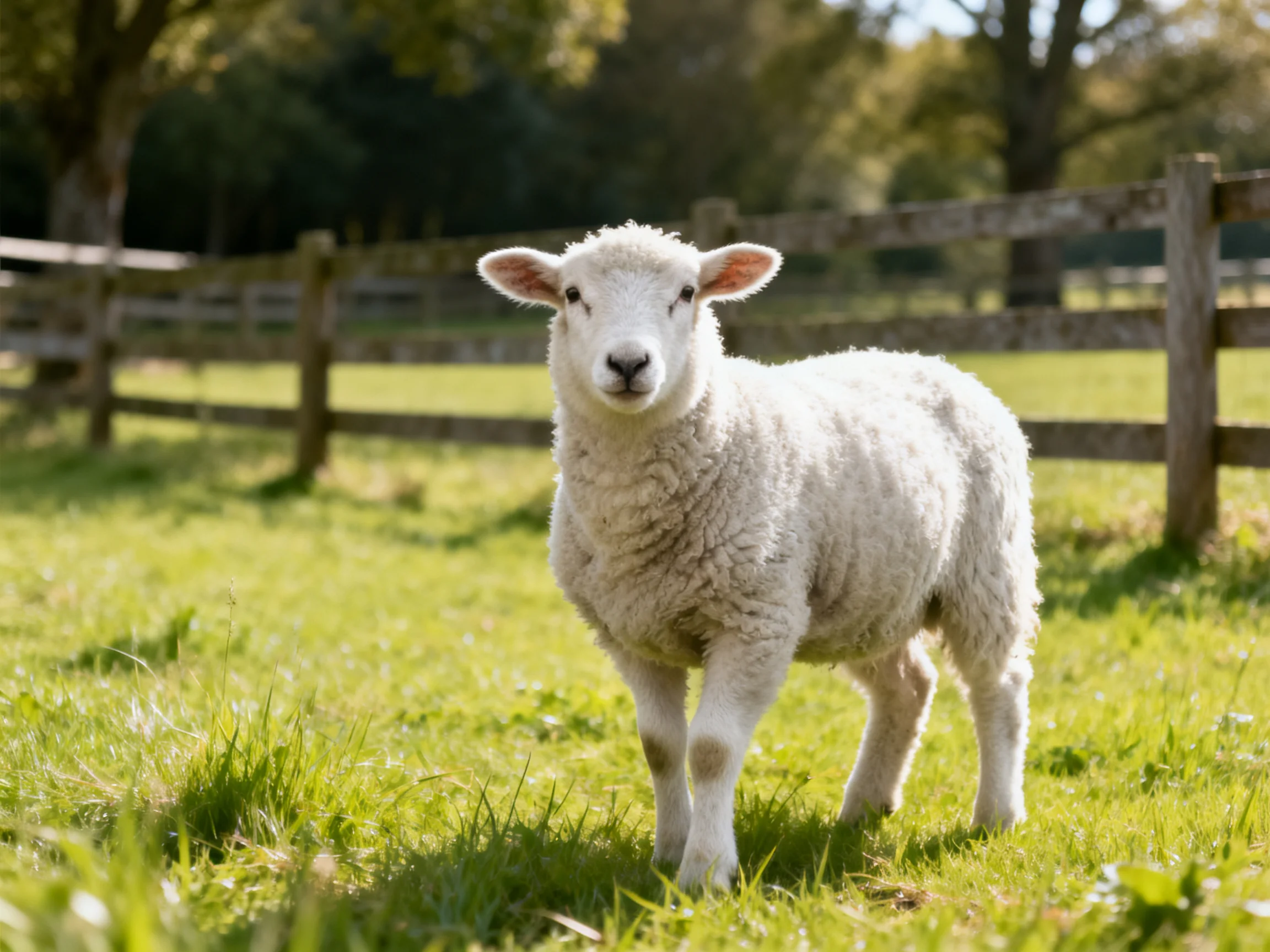 A fluffy white lamb stands in a sunlit green pasture near wooden fences