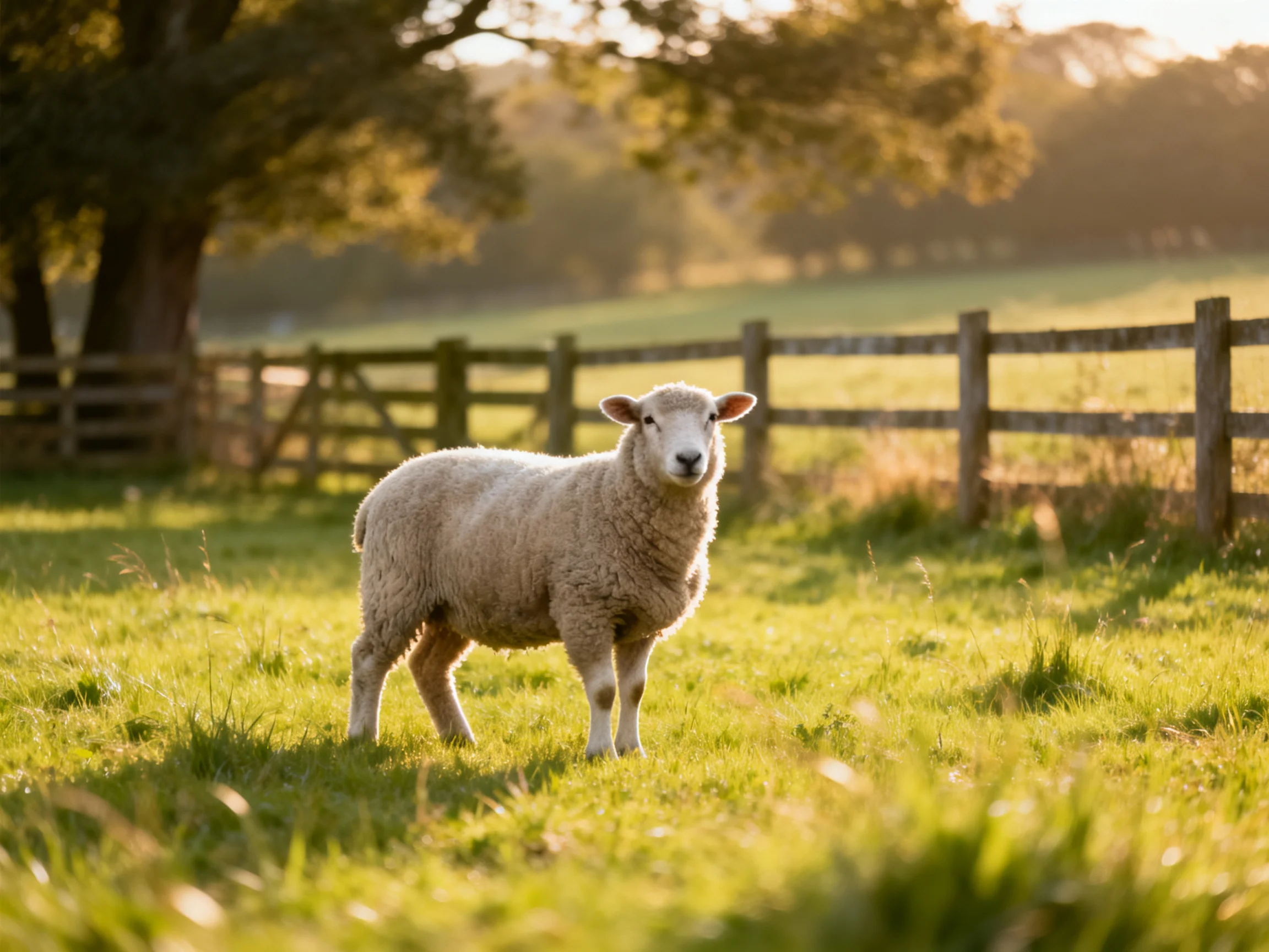 A fluffy white lamb stands in a sunlit green pasture near wooden fences