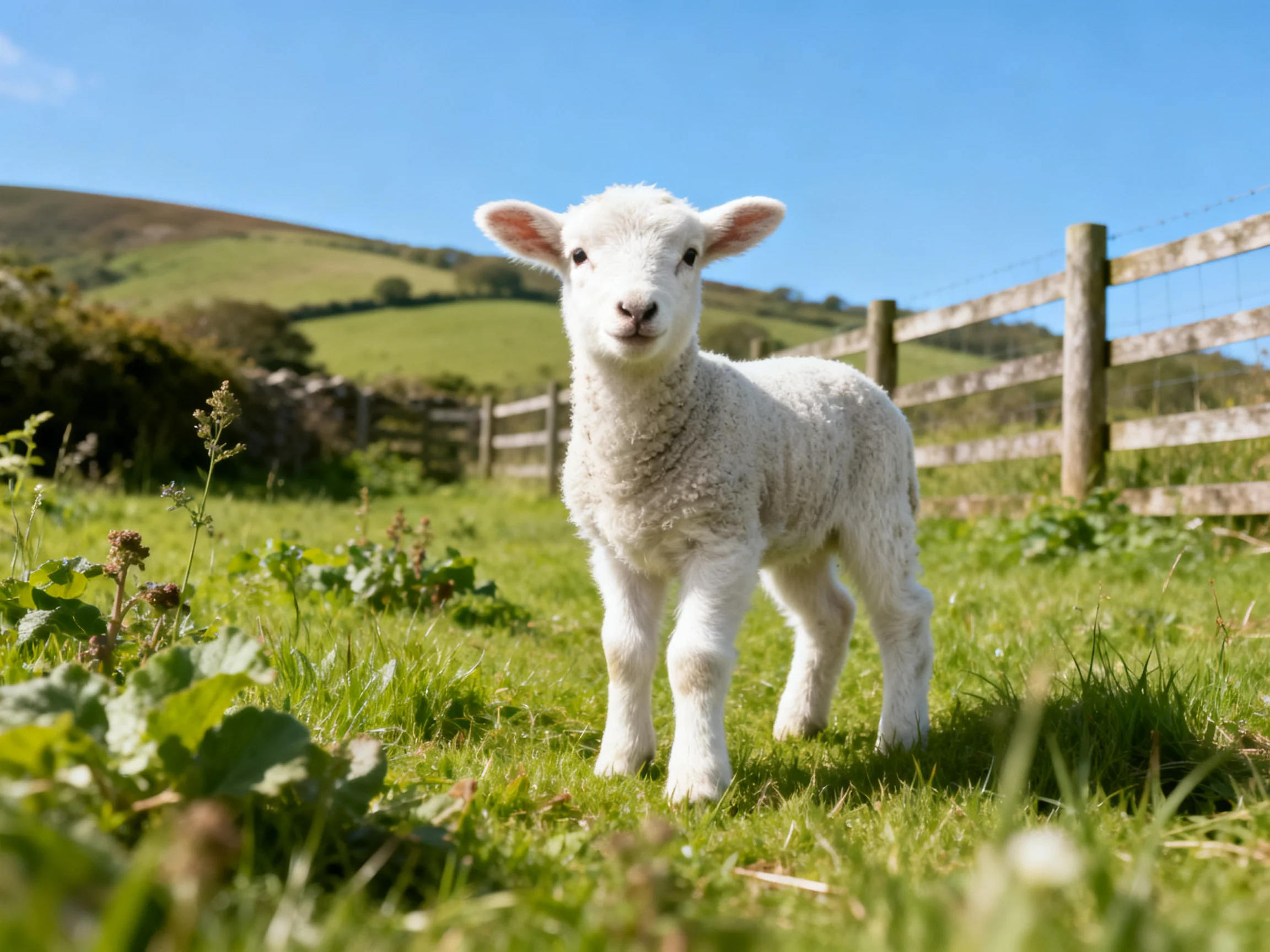 A fluffy white lamb stands in a sunlit green pasture with wooden fence