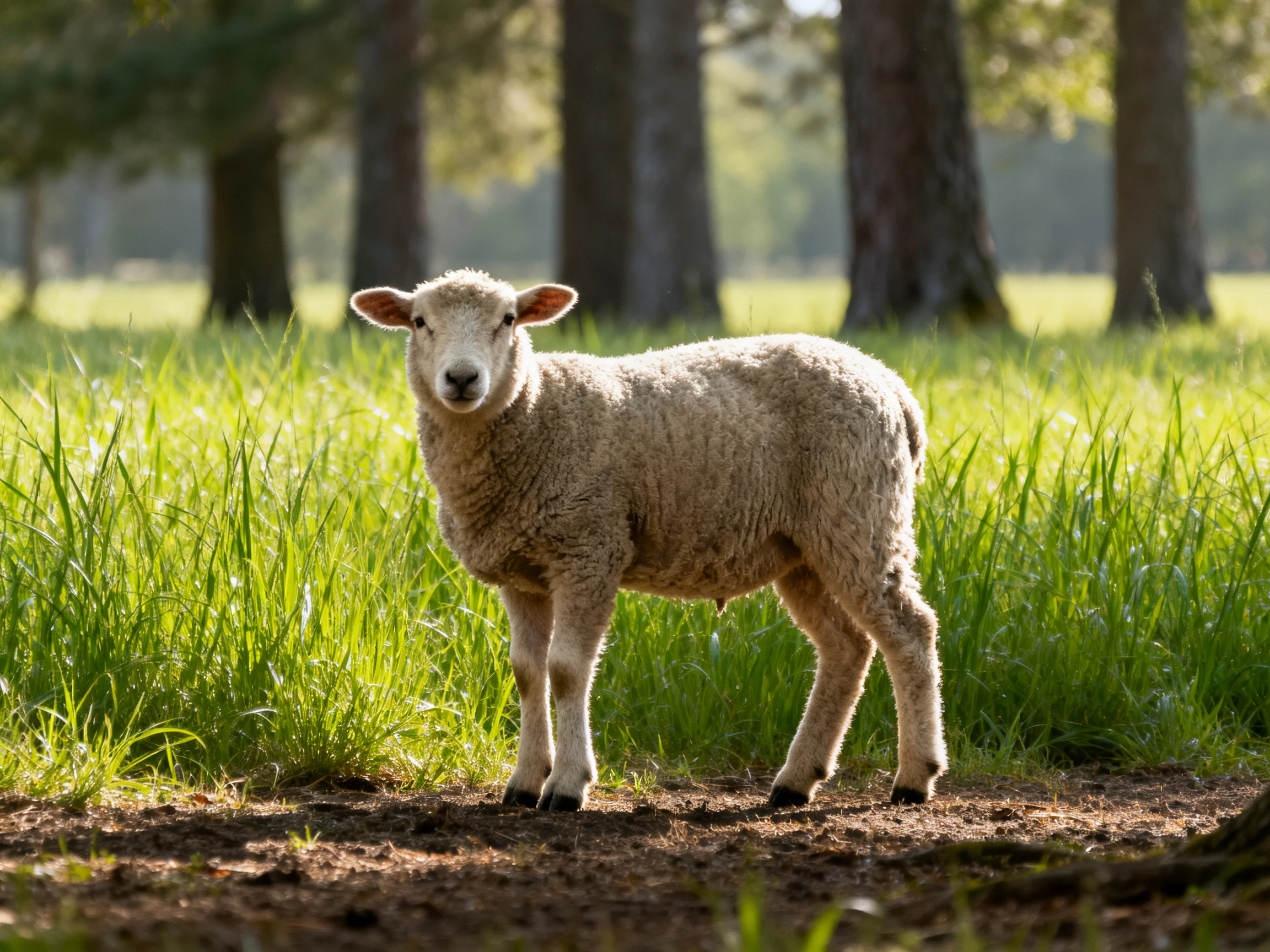 A fluffy white lamb stands in a sunlit meadow near tall trees
