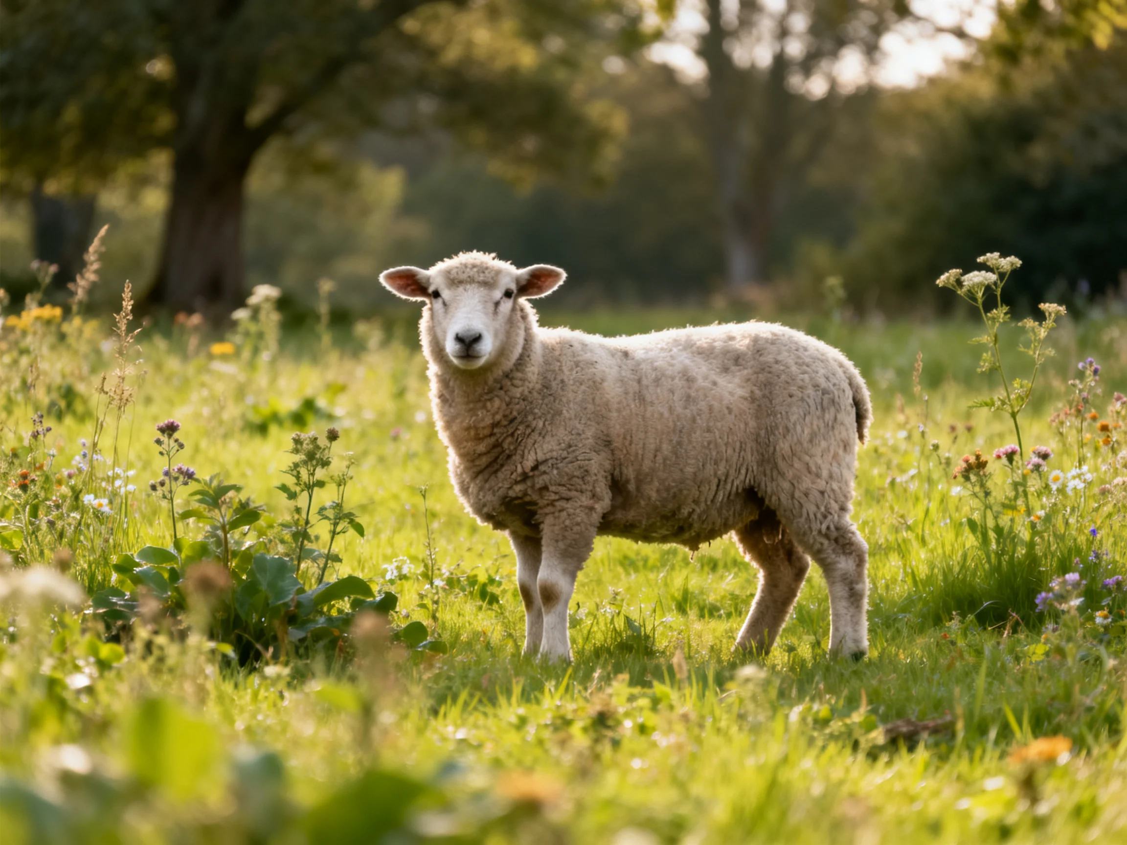 A fluffy white lamb stands in a sunlit wildflower meadow
