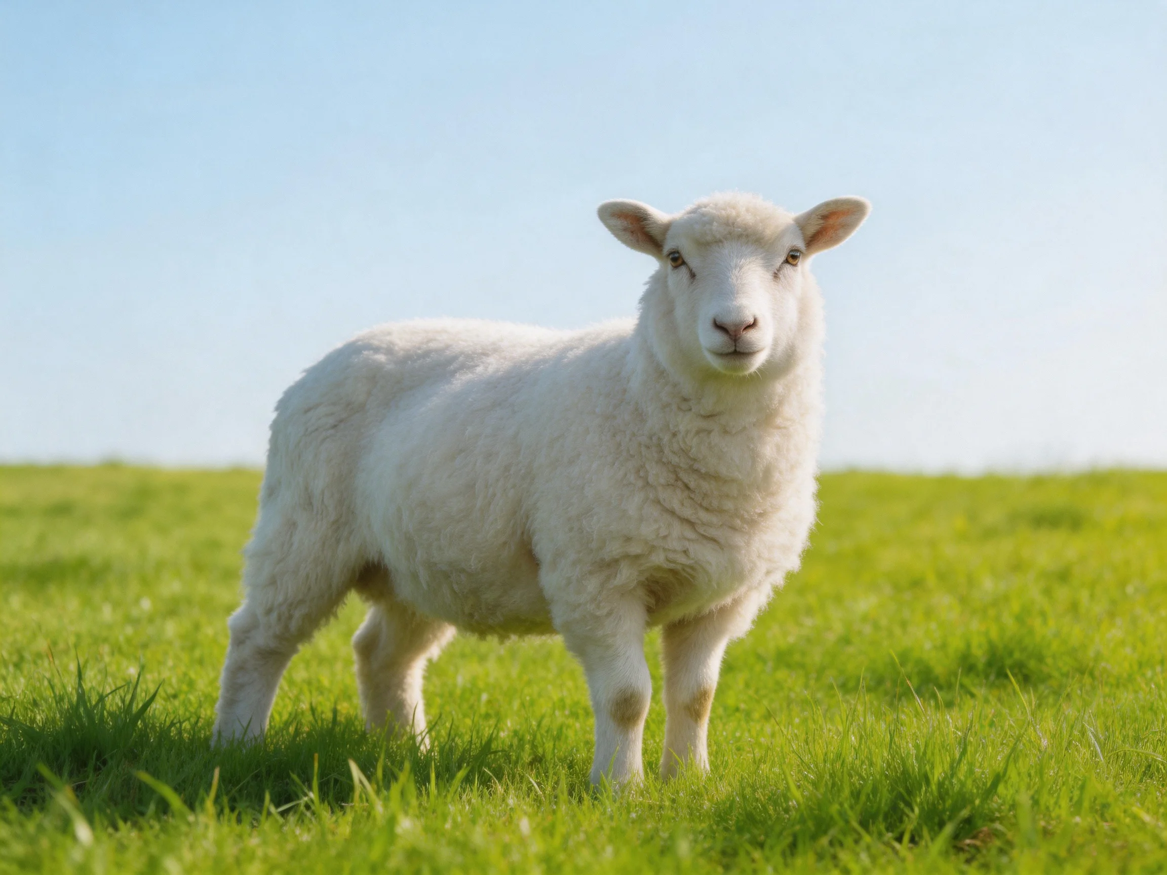 A fluffy white lamb stands in a vibrant green field