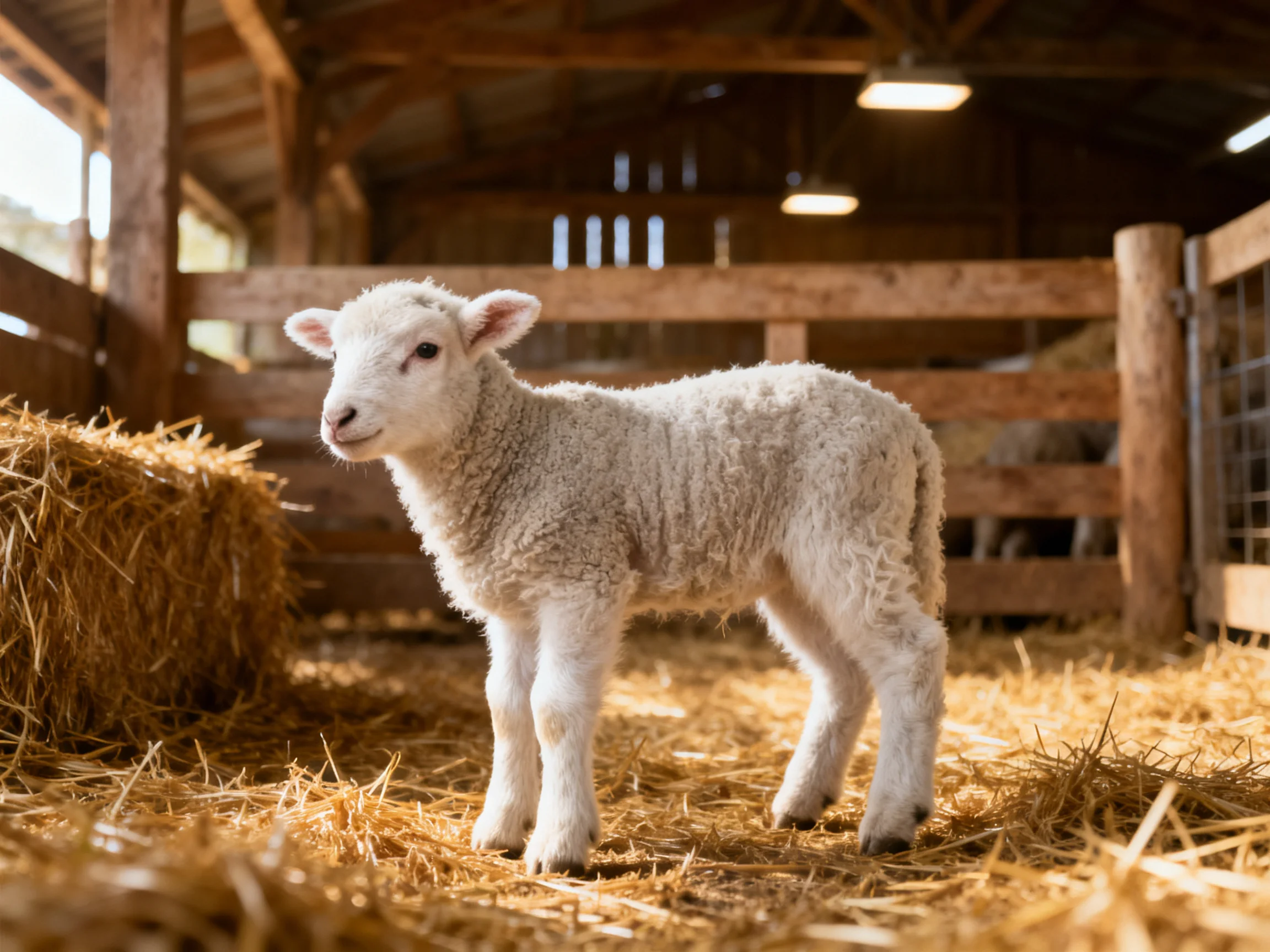 A fluffy white lamb stands in a wooden barn with golden straw