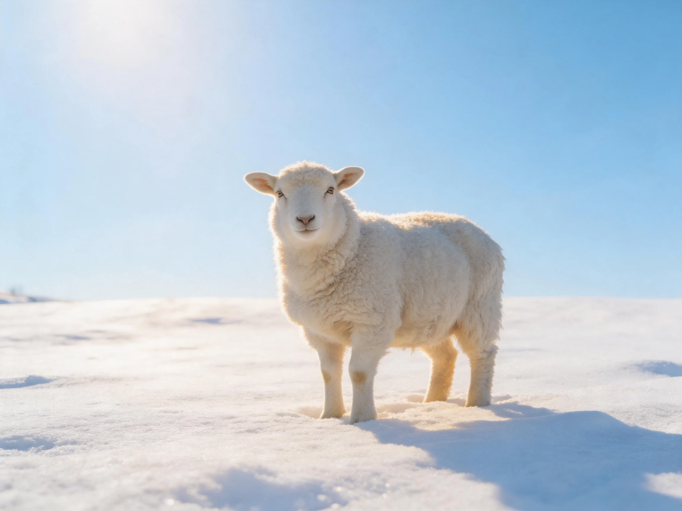 A fluffy white lamb stands in bright snowy open terrain