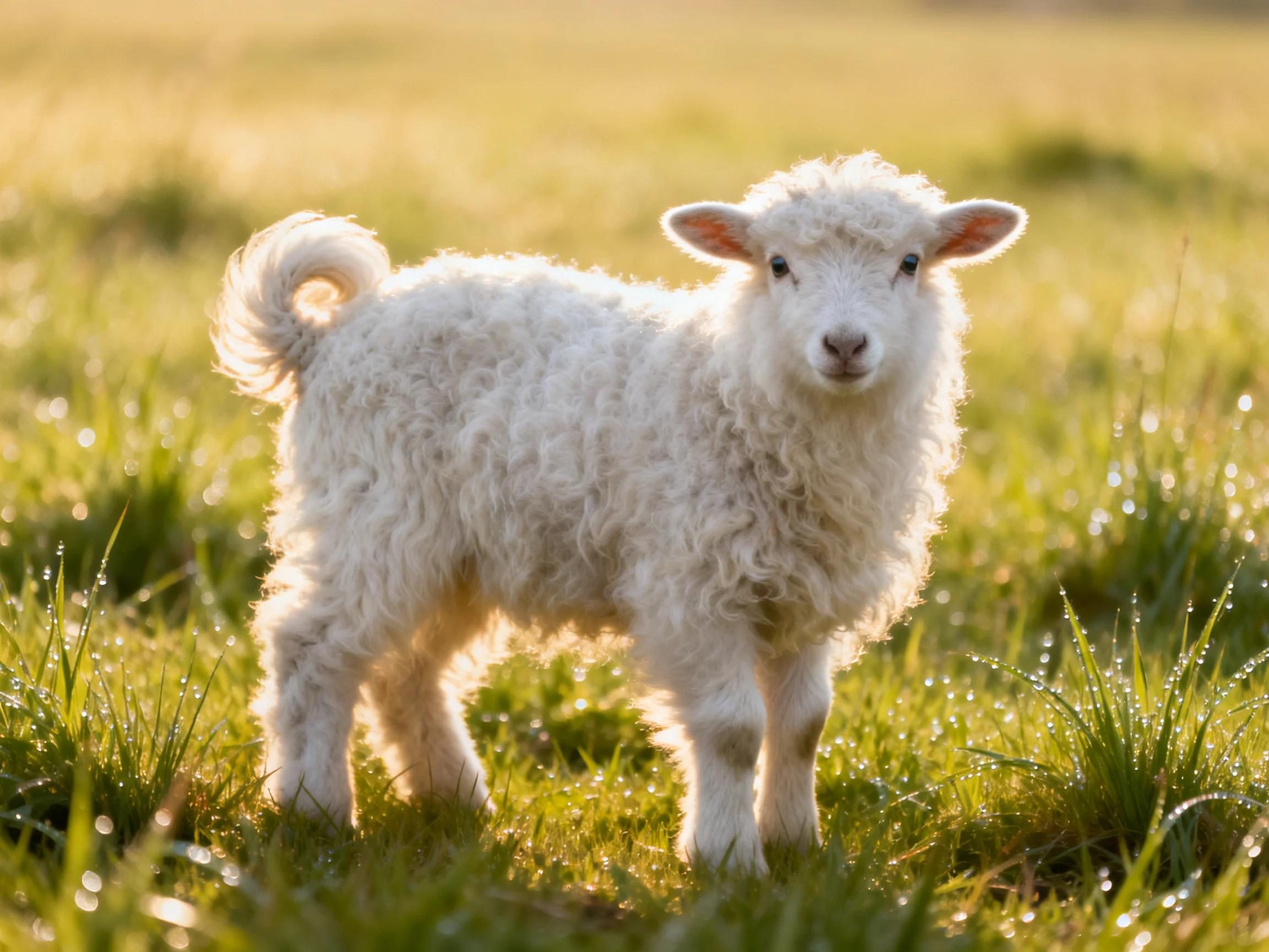 A fluffy white lamb stands in dewy green meadow under golden sunlight