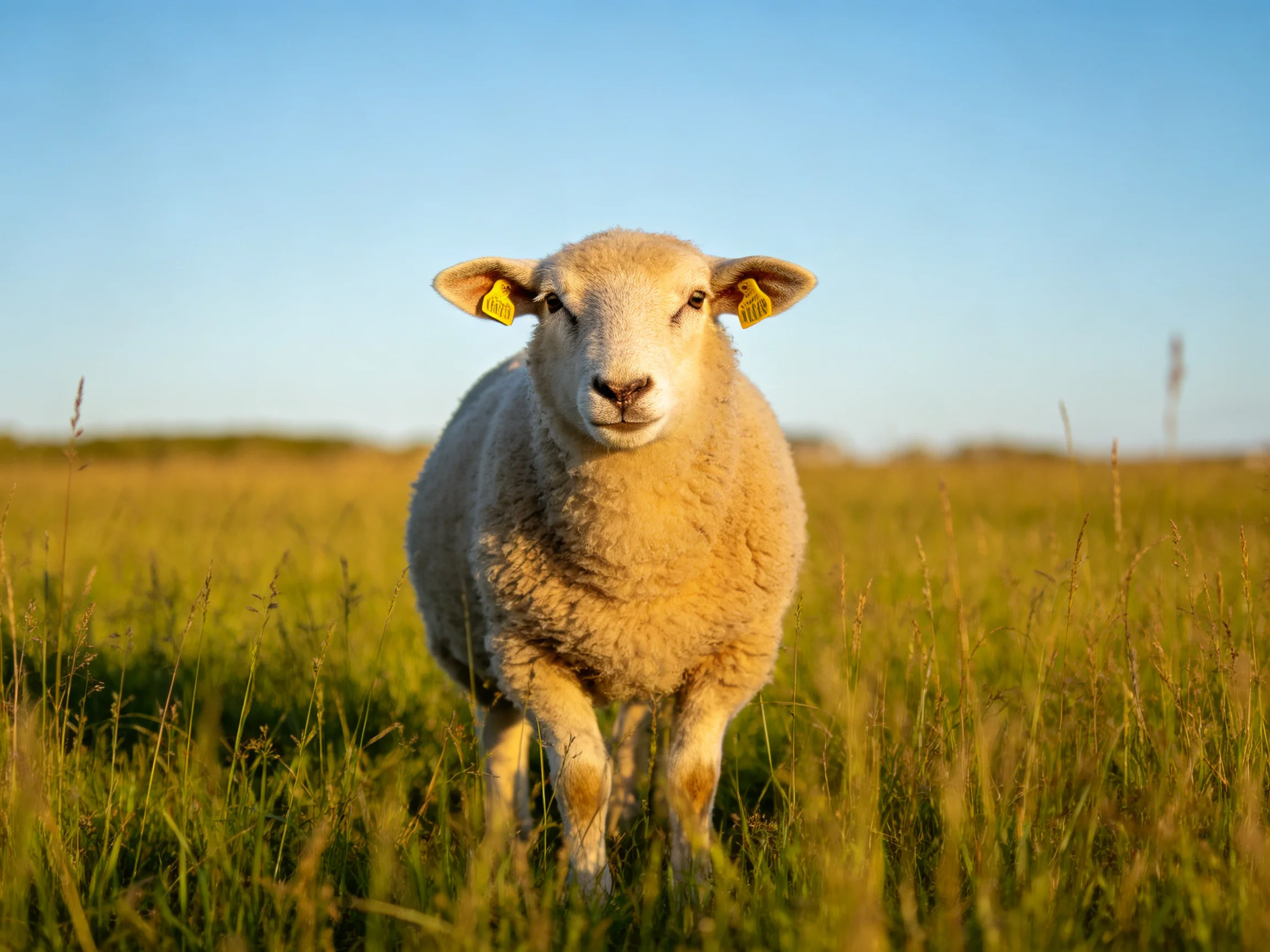 A fluffy white lamb stands in golden grass under clear blue sky