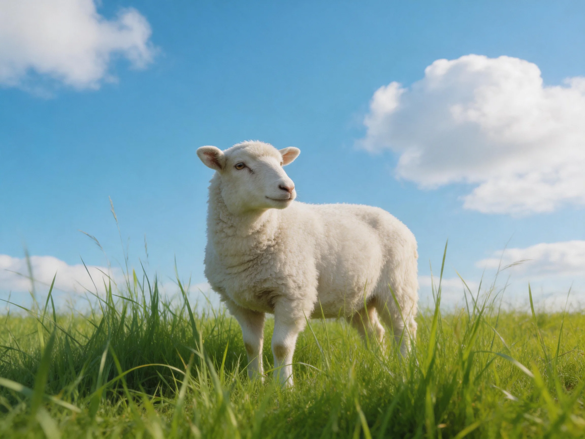 A white lamb stands in tall green grass under a clear blue sky.