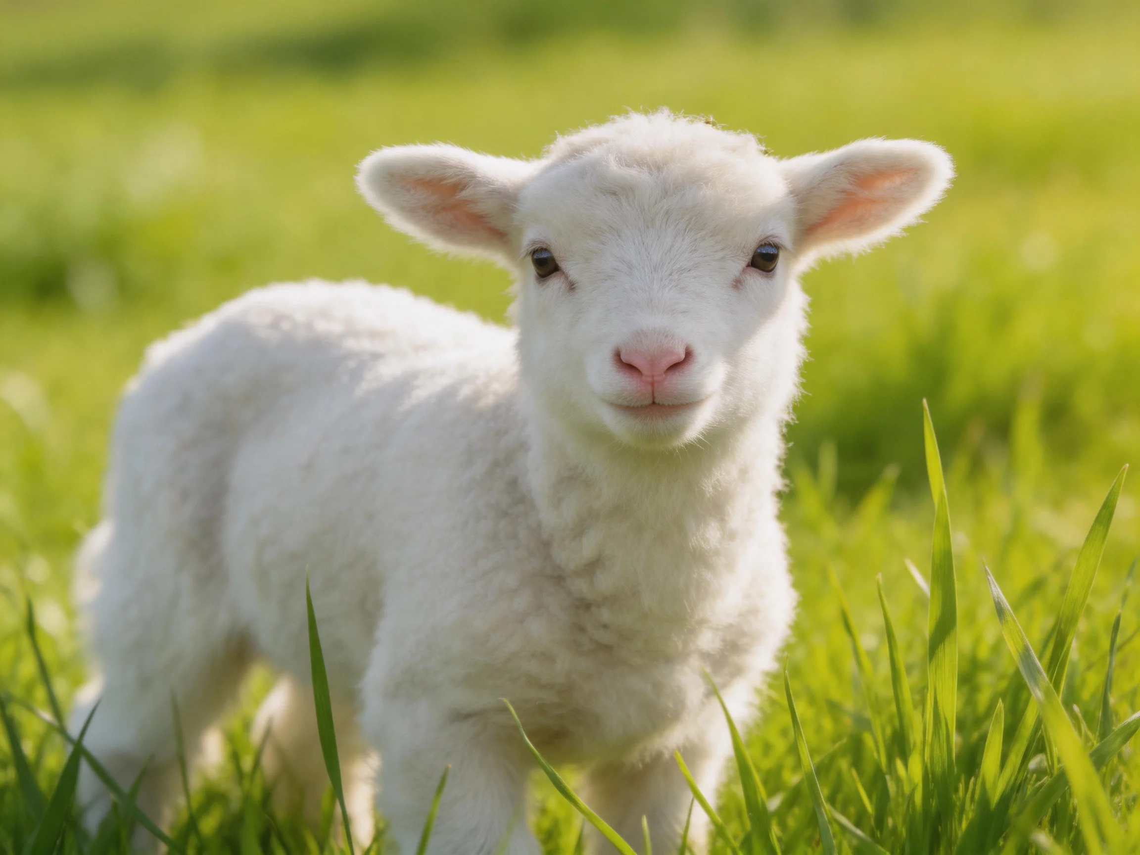 A fluffy white lamb stands in lush green grass under bright sunlight