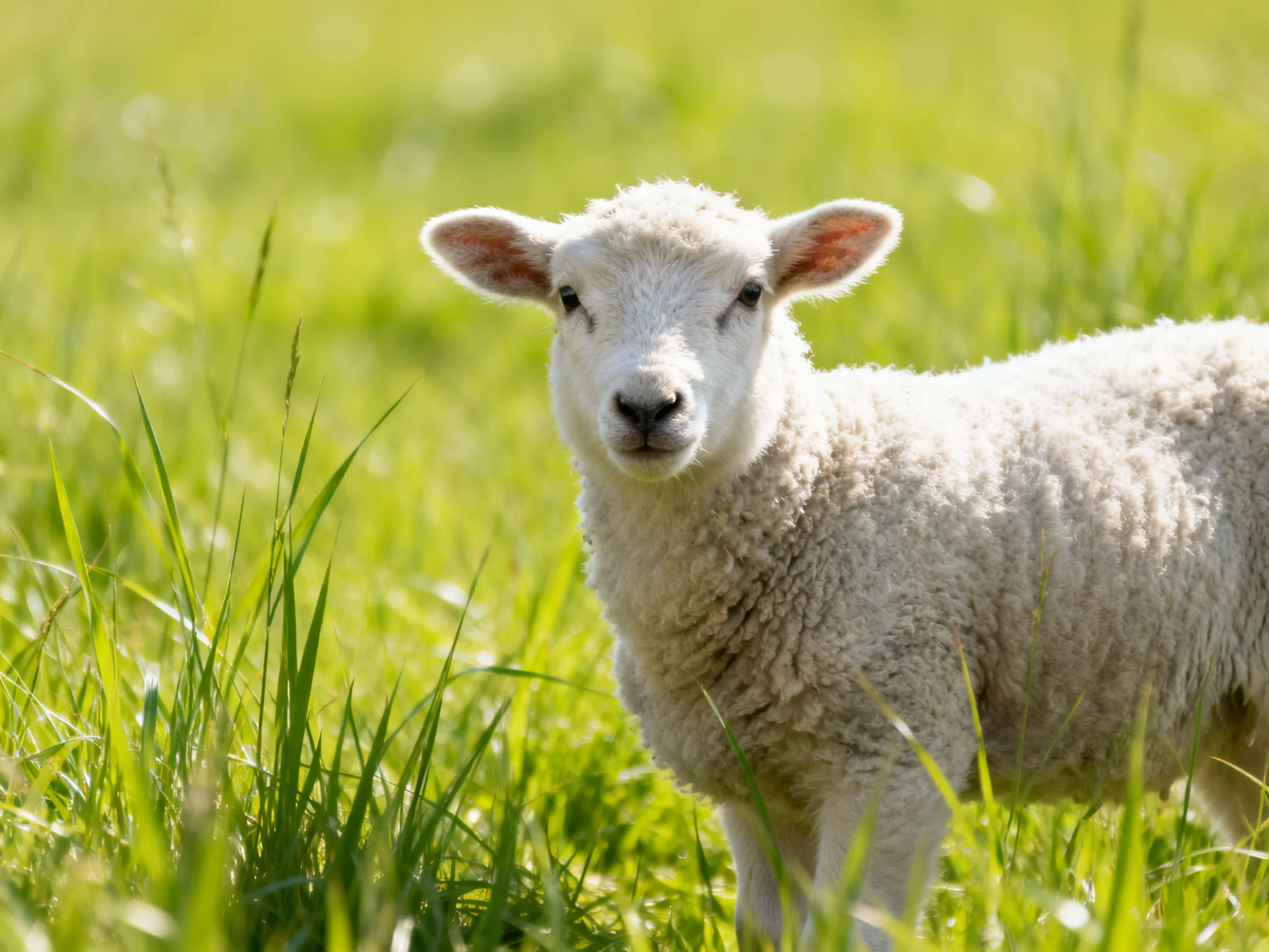 A young sheep with soft wool stands amid vibrant green grass.