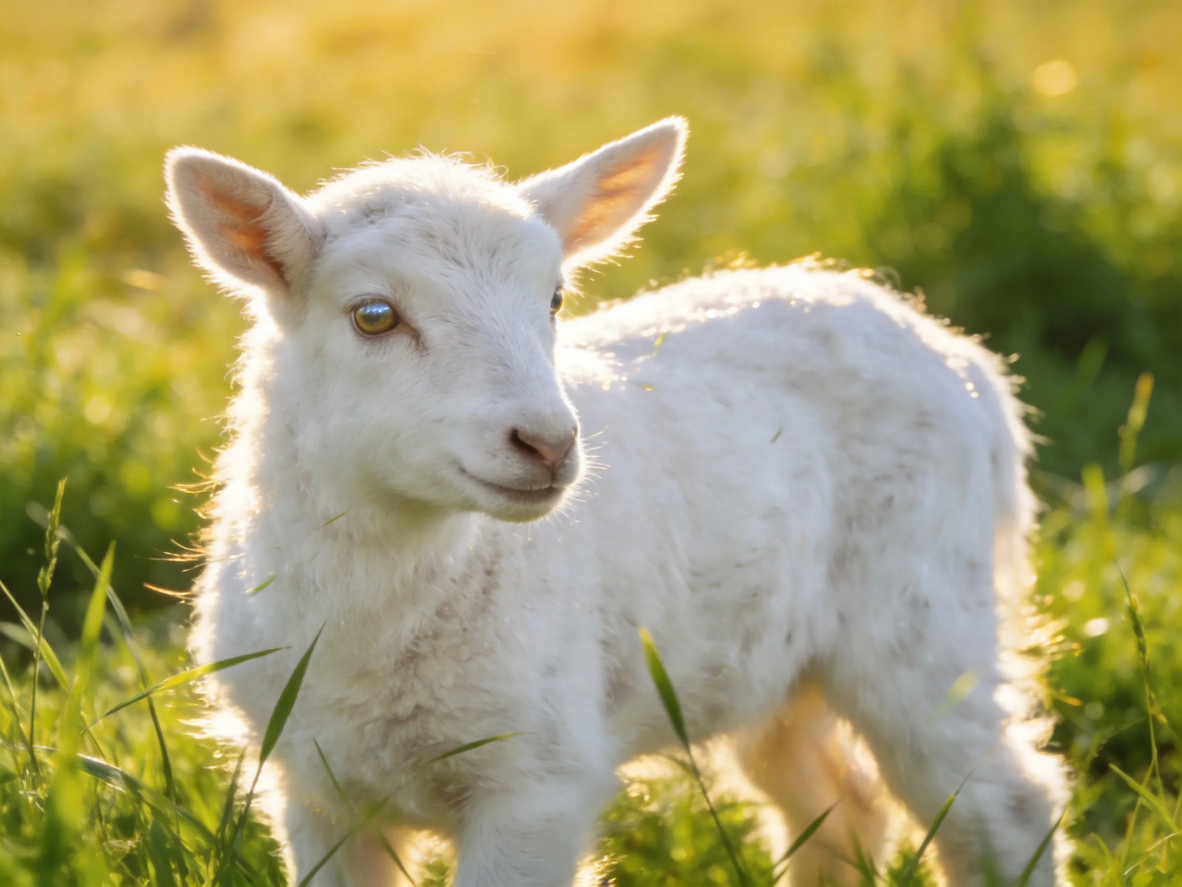 A fluffy white lamb stands in sunlit green meadow grass