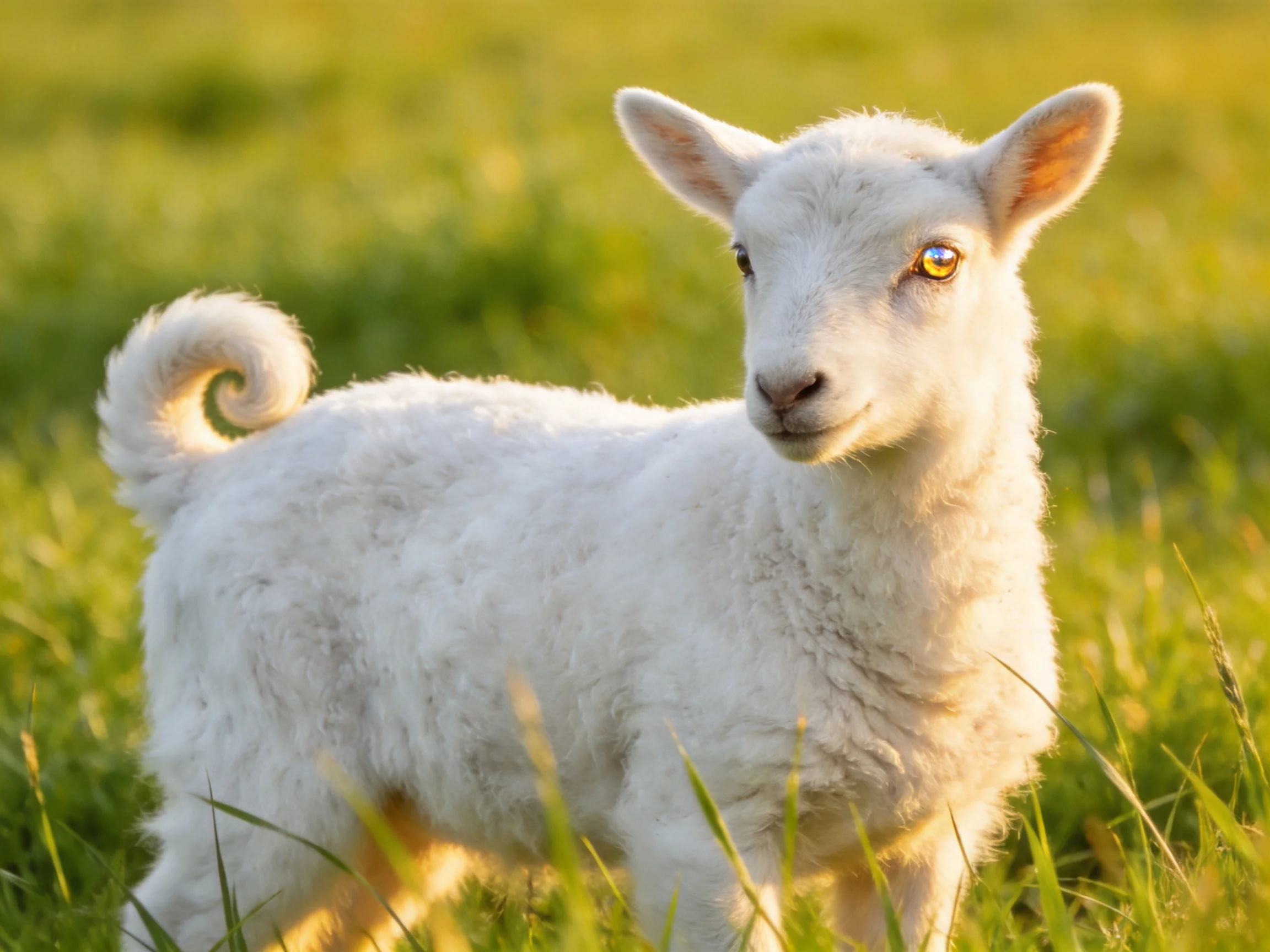 A fluffy white lamb stands in sunlit green meadow