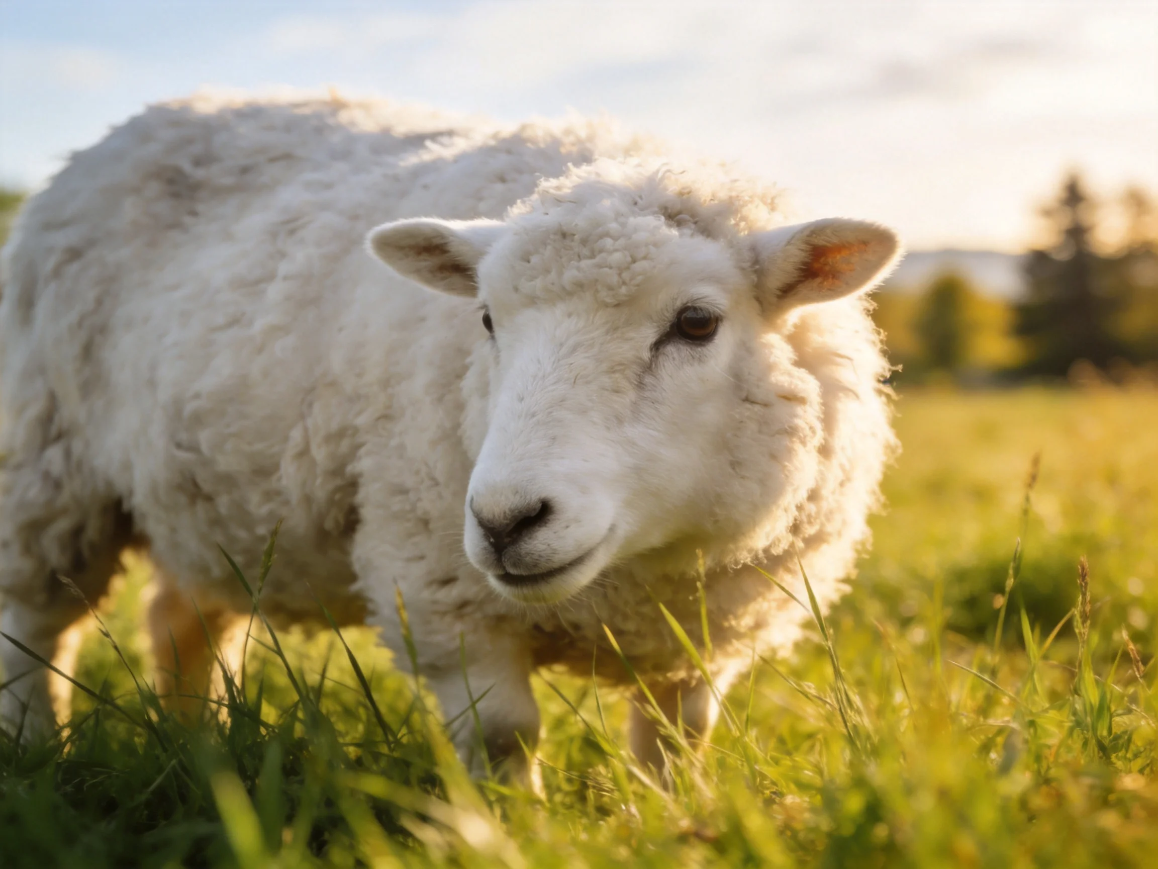 A fluffy white lamb stands in sunlit green pasture