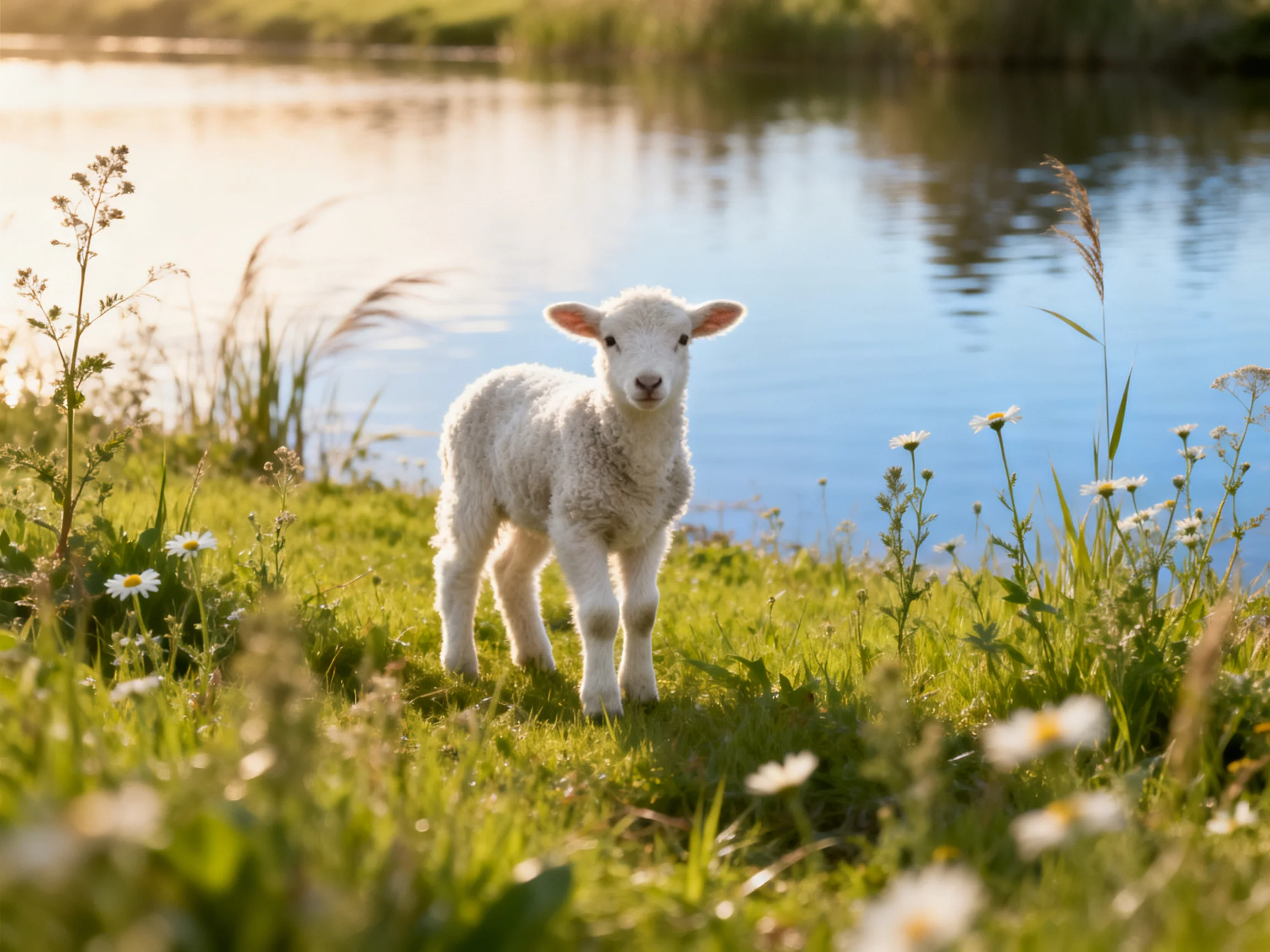 A fluffy white lamb stands near a calm blue pond