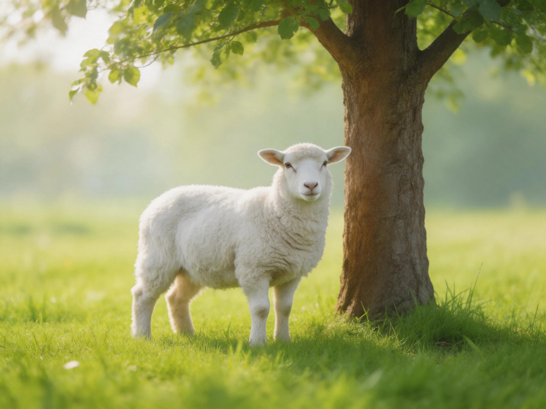A fluffy white lamb stands near a large brown tree in a bright green meadow