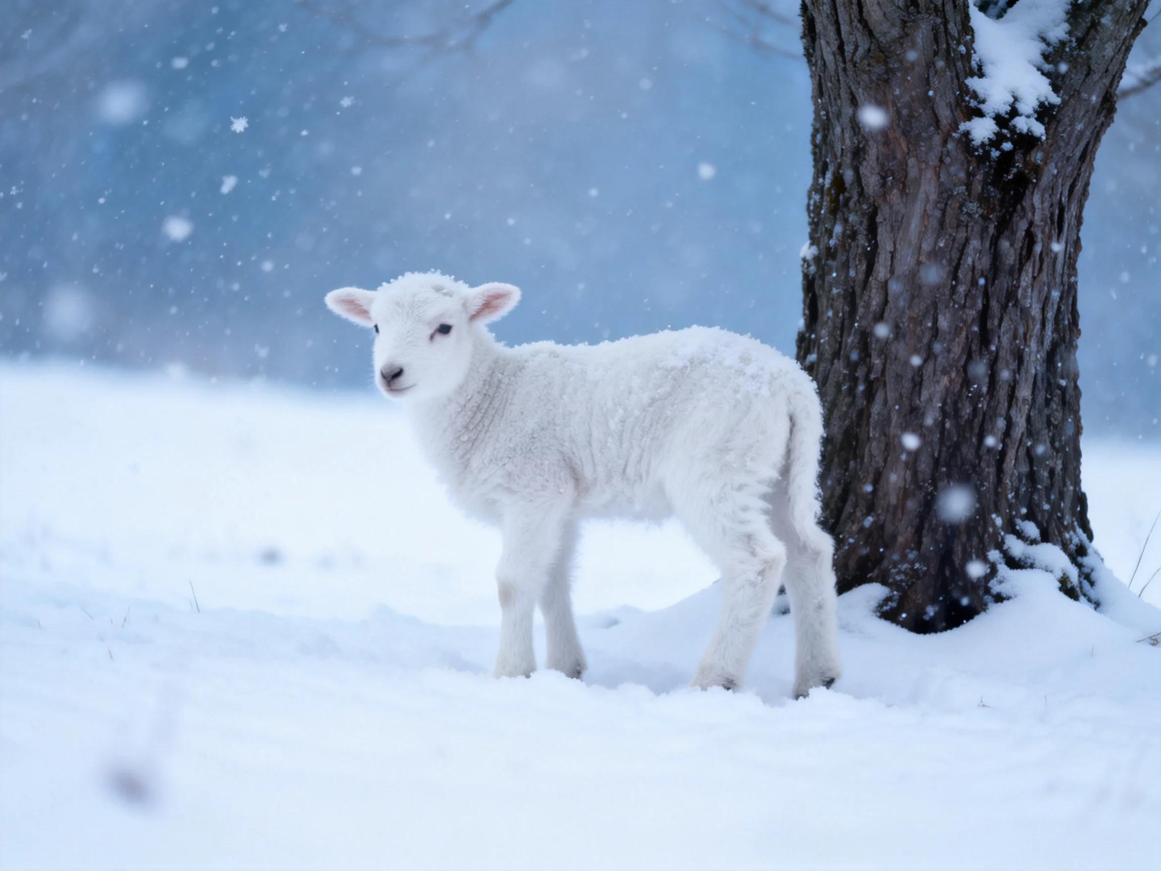 A white lamb stands beside a tree in a snowy winter setting with falling snow.