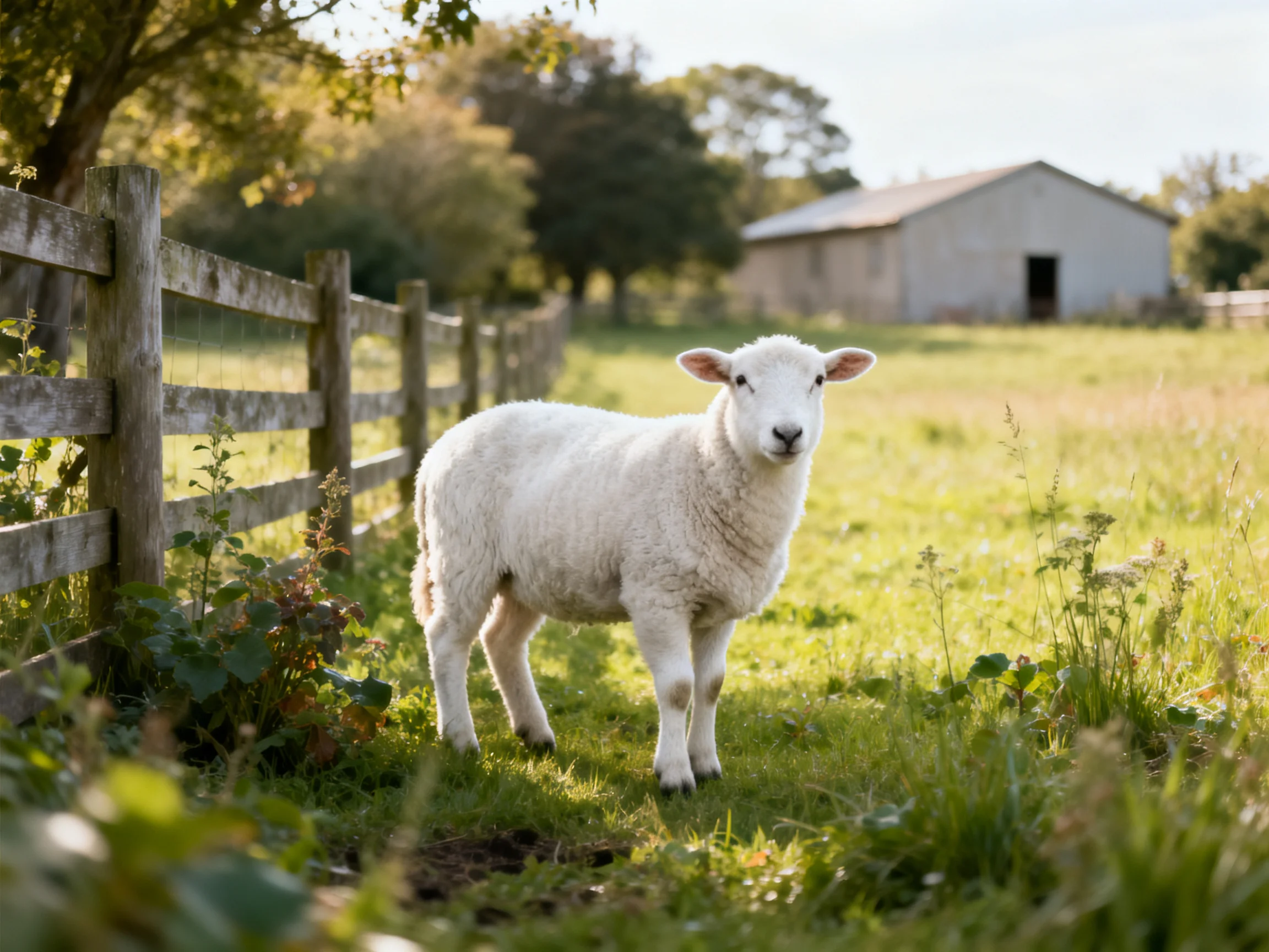 A white lamb stands in a sunlit farm field next to a wooden fence.